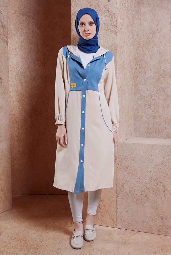 Tesettür giyim BEJ KAPÜŞONLU TESETTÜR TUNİK 44530 - ALVİNA