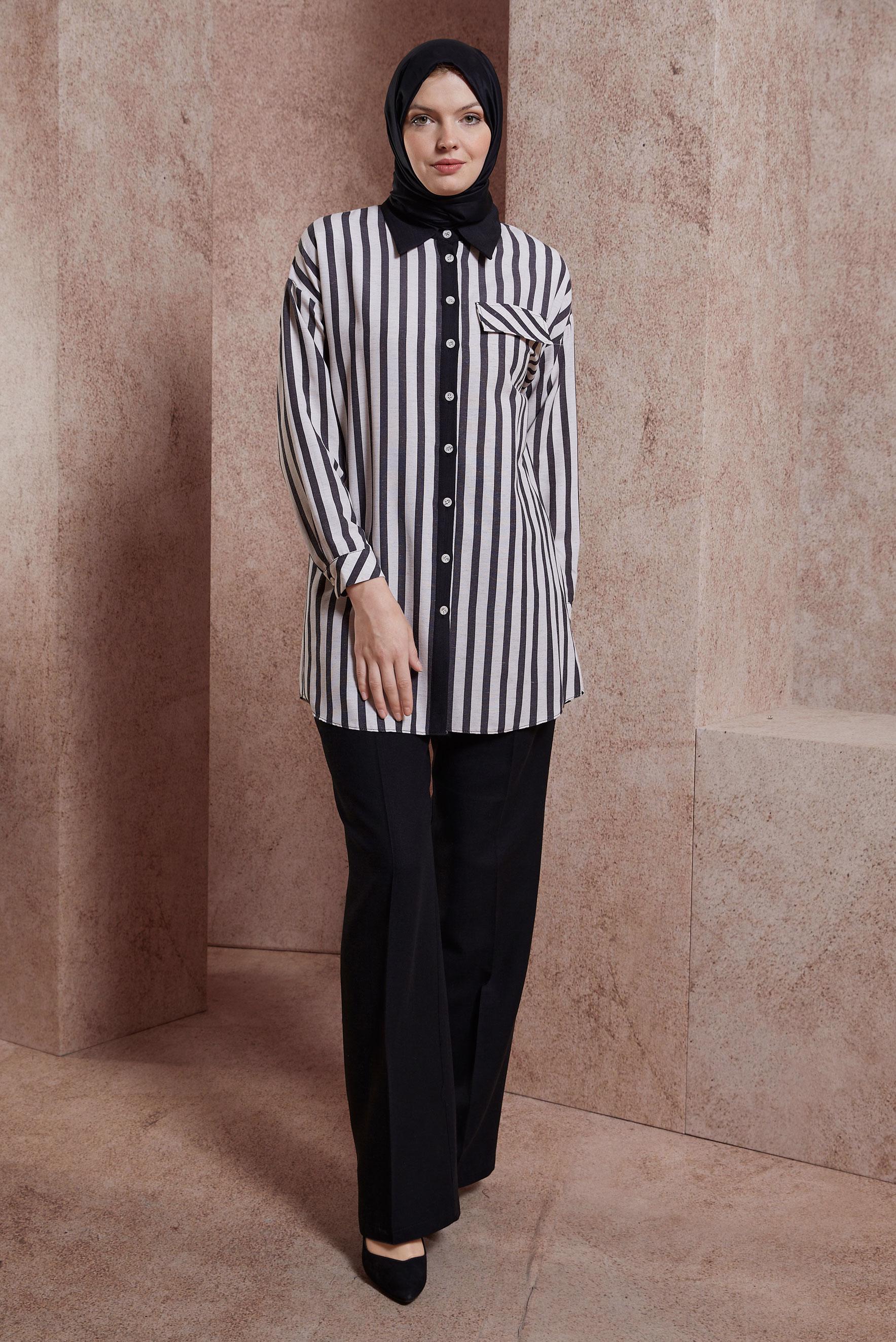 Tesettür giyim SİYAH ÇİZGİLİ KETEN DOKULU TUNİK 44540