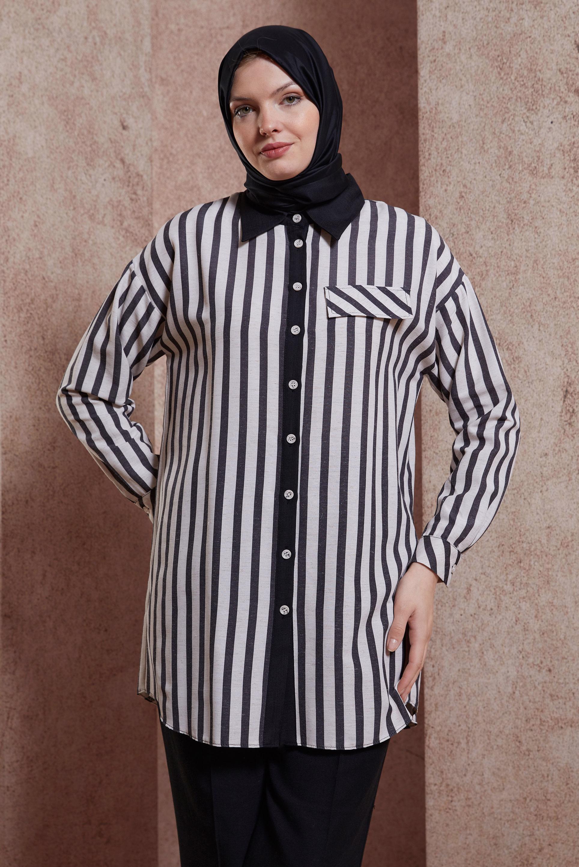 Tesettür giyim SİYAH ÇİZGİLİ KETEN DOKULU TUNİK 44540