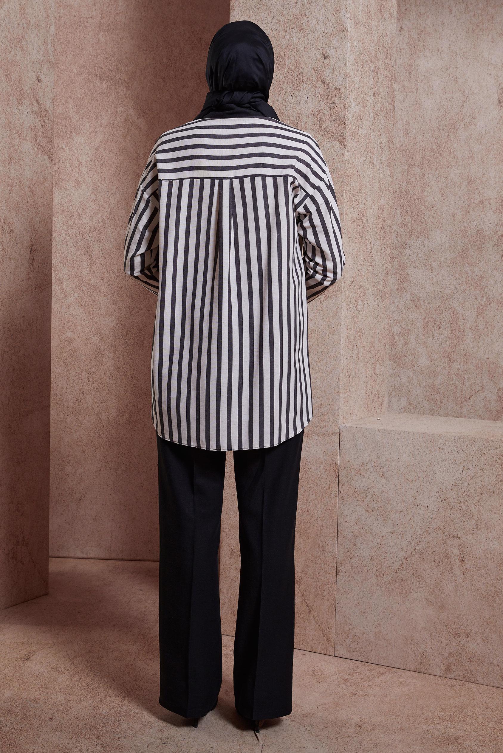 Tesettür giyim SİYAH ÇİZGİLİ KETEN DOKULU TUNİK 44540