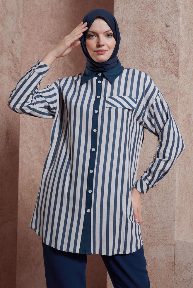 Tesettür giyim  ÇİZGİLİ KETEN DOKULU TUNİK 44540 - ALVİNA