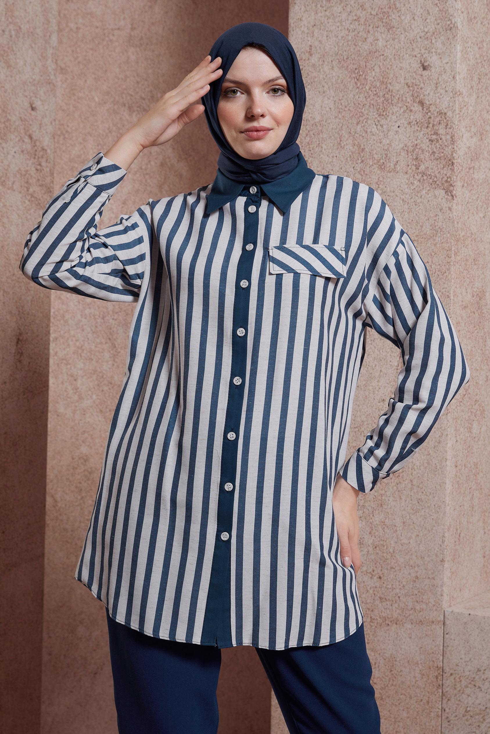 Tesettür giyim LACİVERT ÇİZGİLİ KETEN DOKULU TUNİK 44540