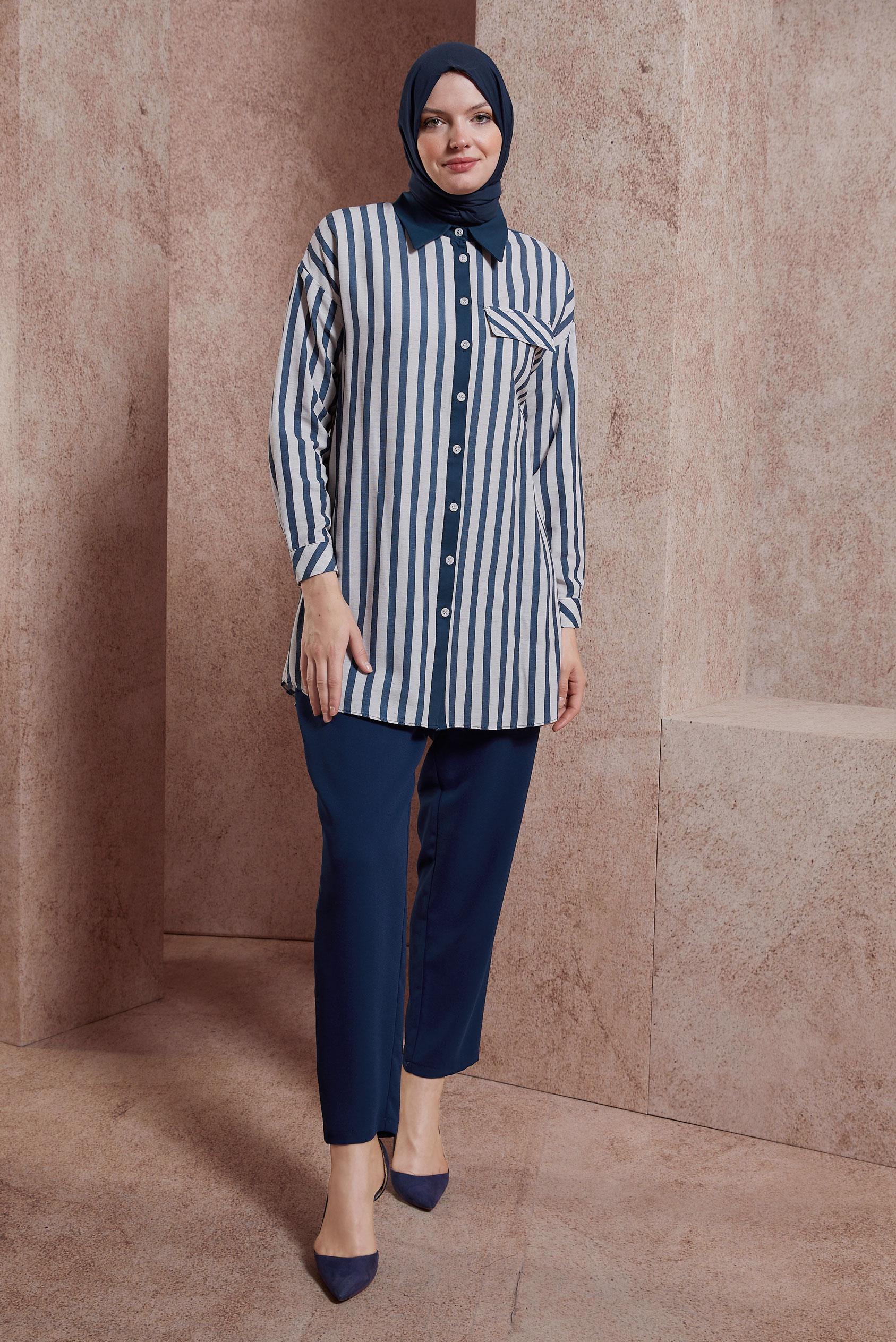 Tesettür giyim LACİVERT ÇİZGİLİ KETEN DOKULU TUNİK 44540