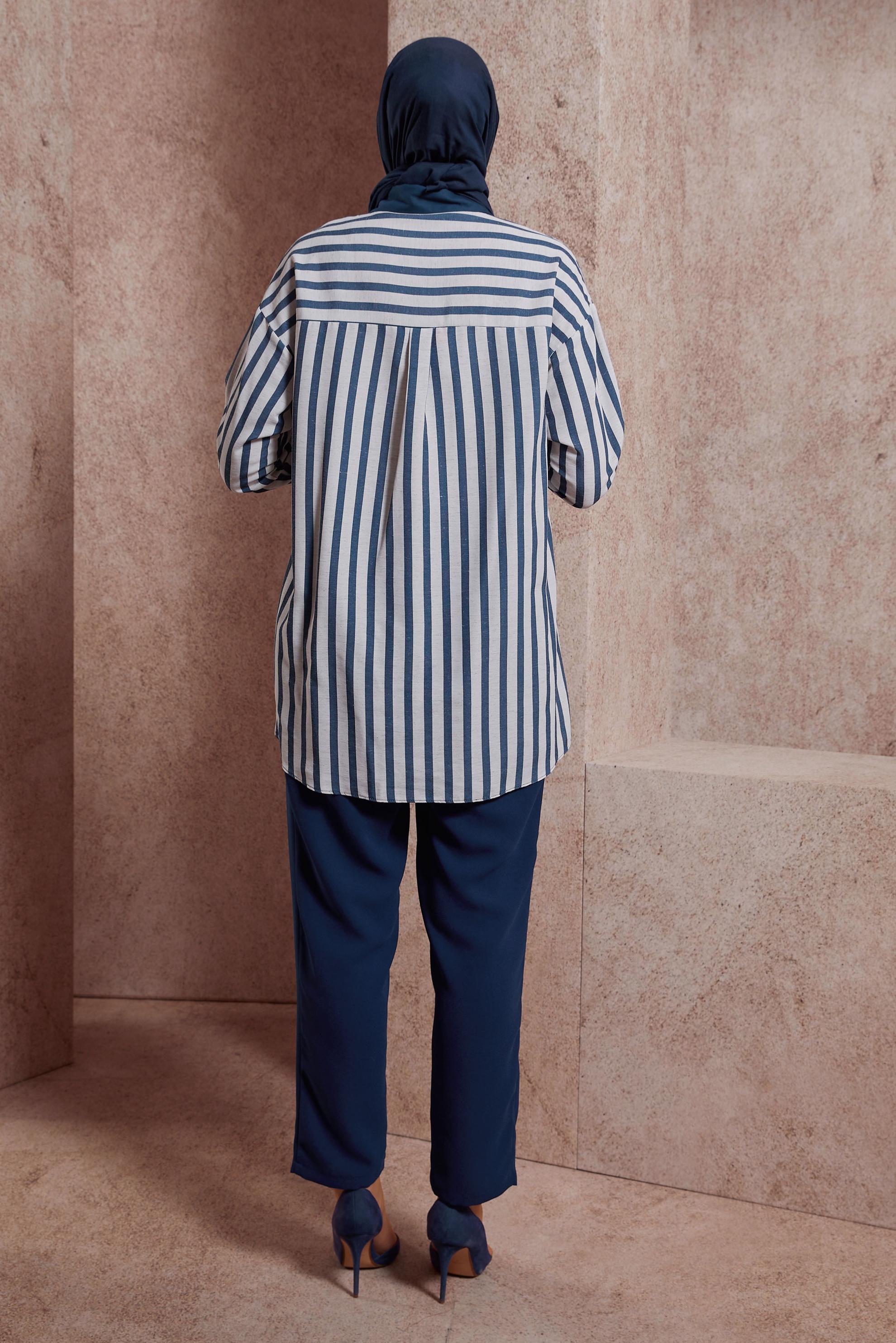 Tesettür giyim LACİVERT ÇİZGİLİ KETEN DOKULU TUNİK 44540