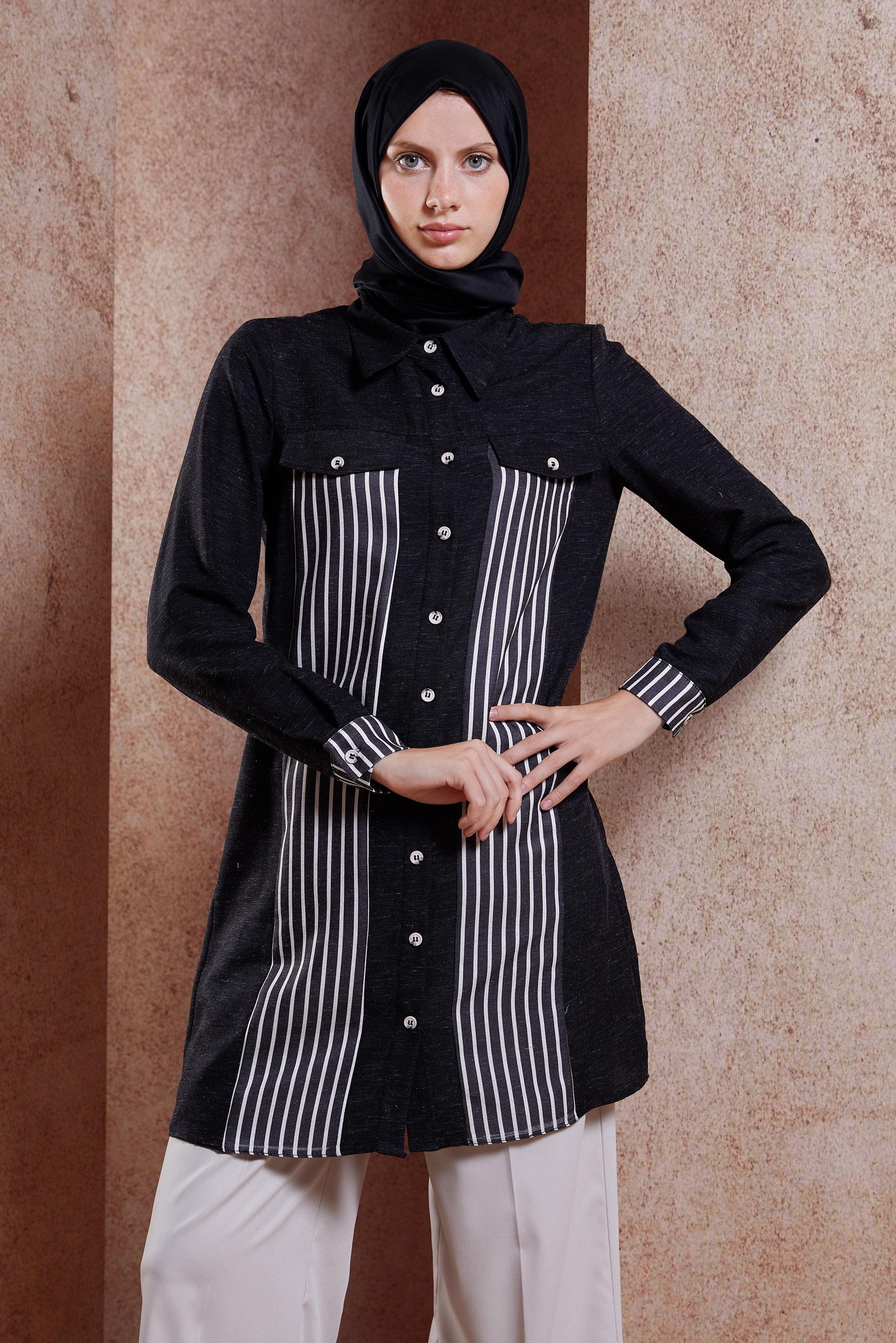 Tesettür giyim SİYAH ÇİZGİLİ KETEN EFEKTLİ TUNİK 44541