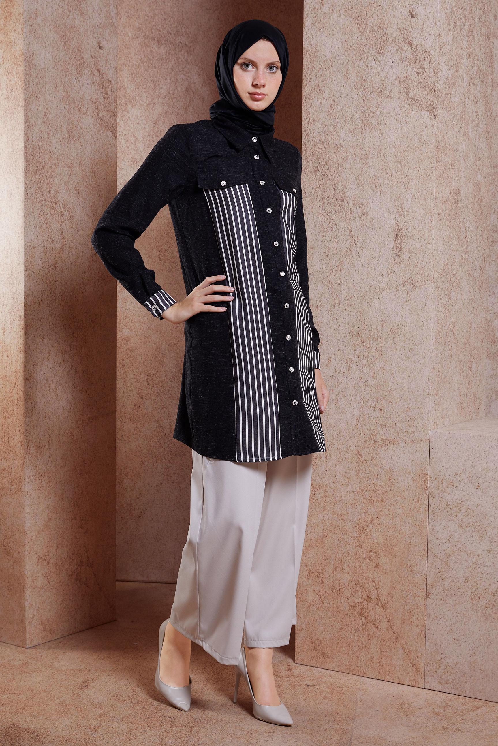 Tesettür giyim SİYAH ÇİZGİLİ KETEN EFEKTLİ TUNİK 44541