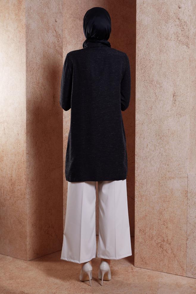 Tesettür giyim SİYAH ÇİZGİLİ KETEN EFEKTLİ TUNİK 44541 - ALVİNA