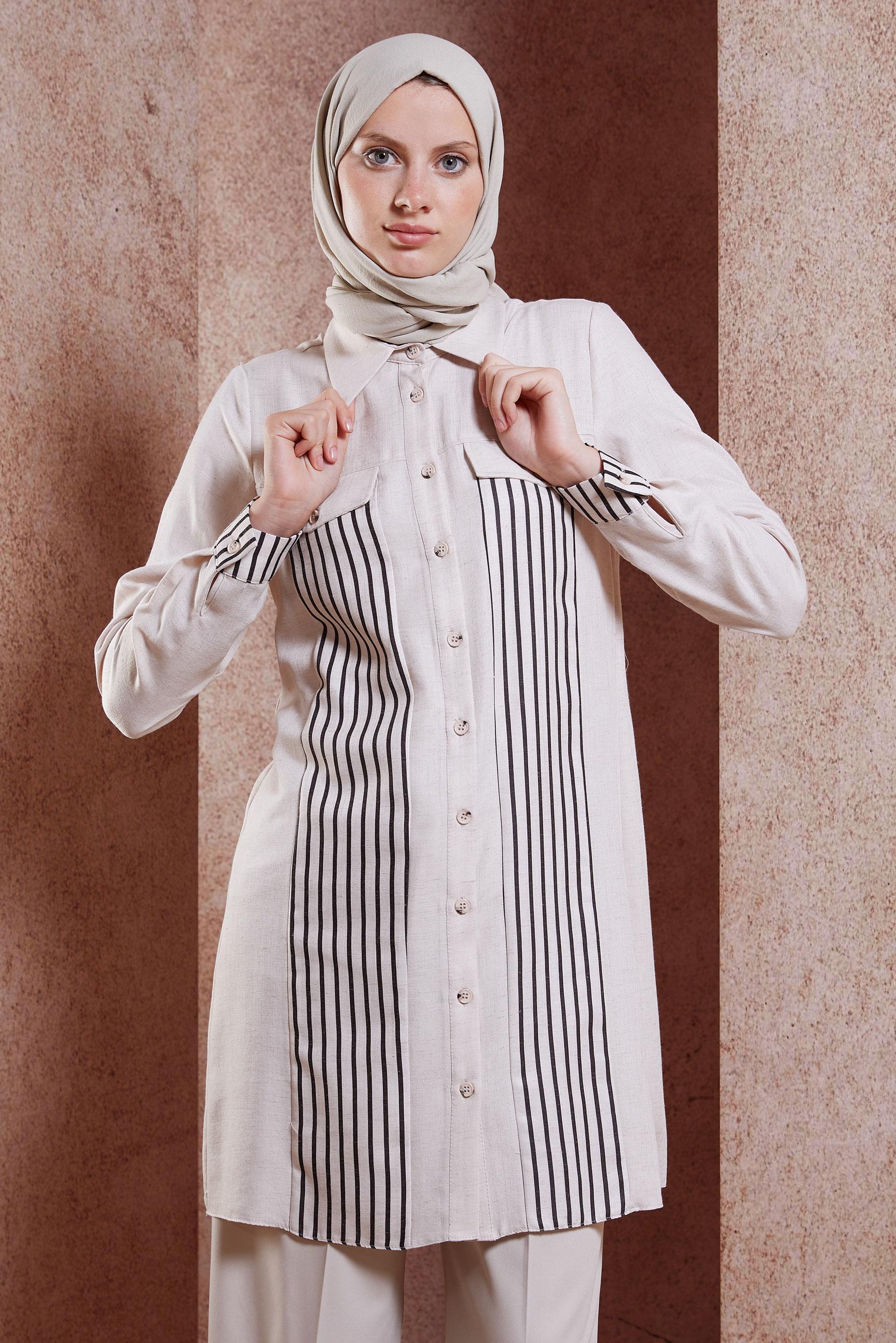 Vêtements hijab BEIGE TUNIQUE TEXTURÉE EN LIN À RAYURES 44541