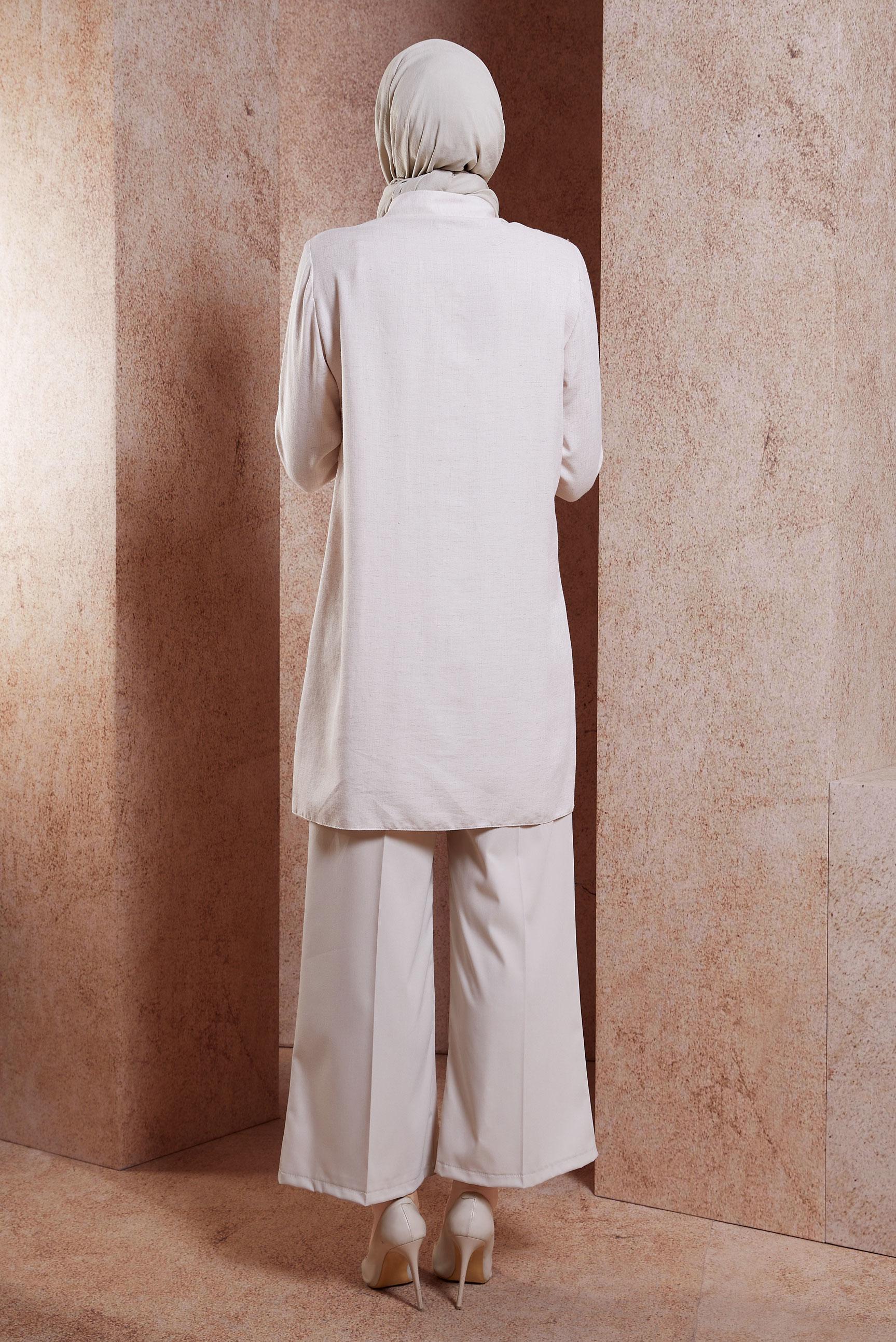 Vêtements hijab BEIGE TUNIQUE TEXTURÉE EN LIN À RAYURES 44541