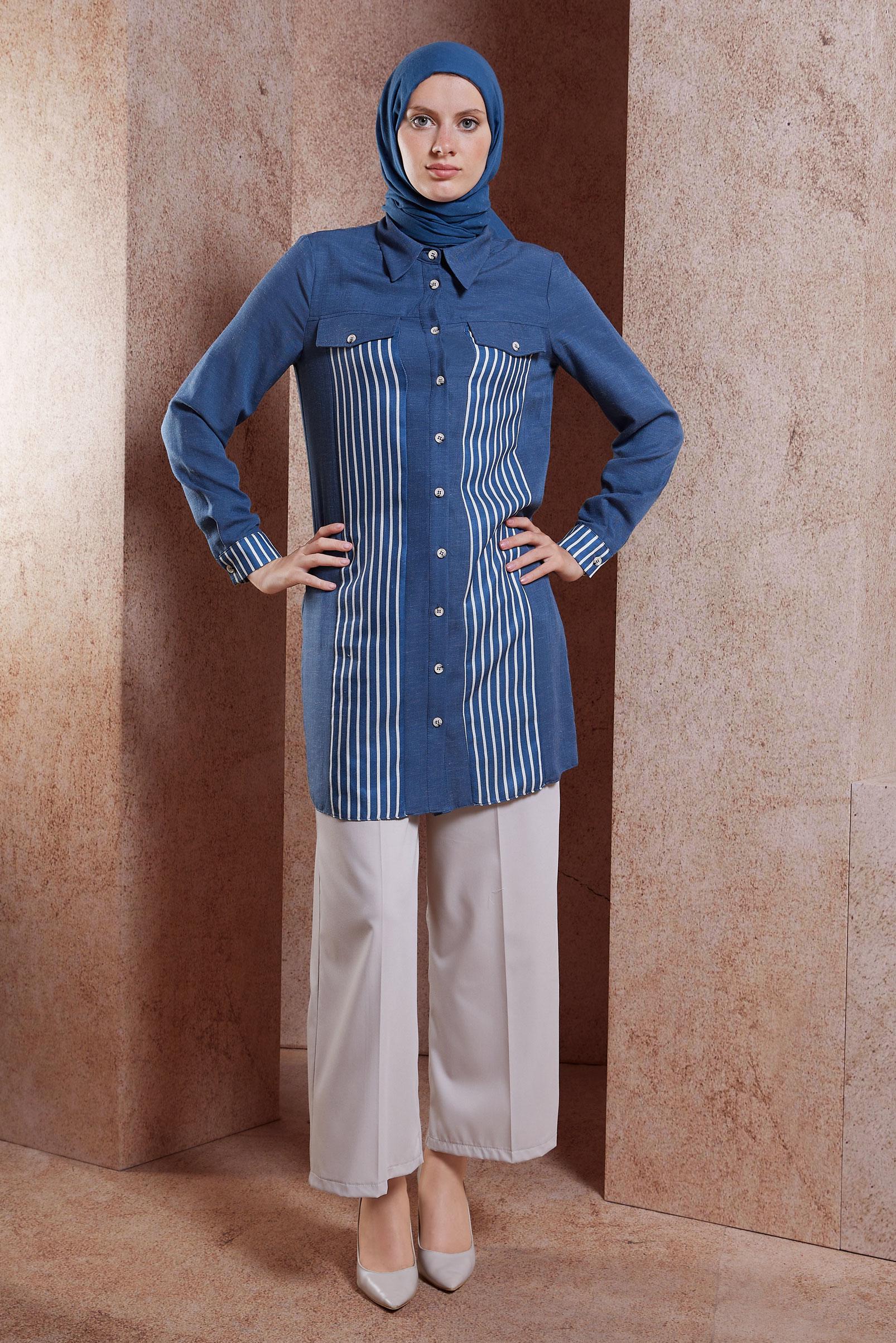 Vêtements hijab BLEU MARINE TUNIQUE TEXTURÉE EN LIN À RAYURES 44541