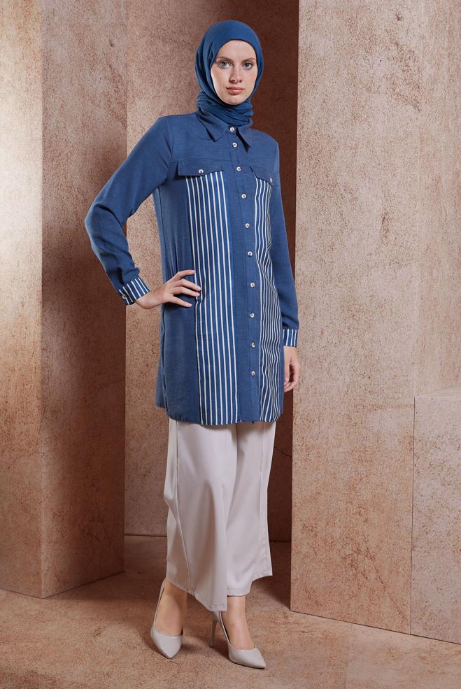 Tesettür giyim LACİVERT ÇİZGİLİ KETEN EFEKTLİ TUNİK 44541 - ALVİNA