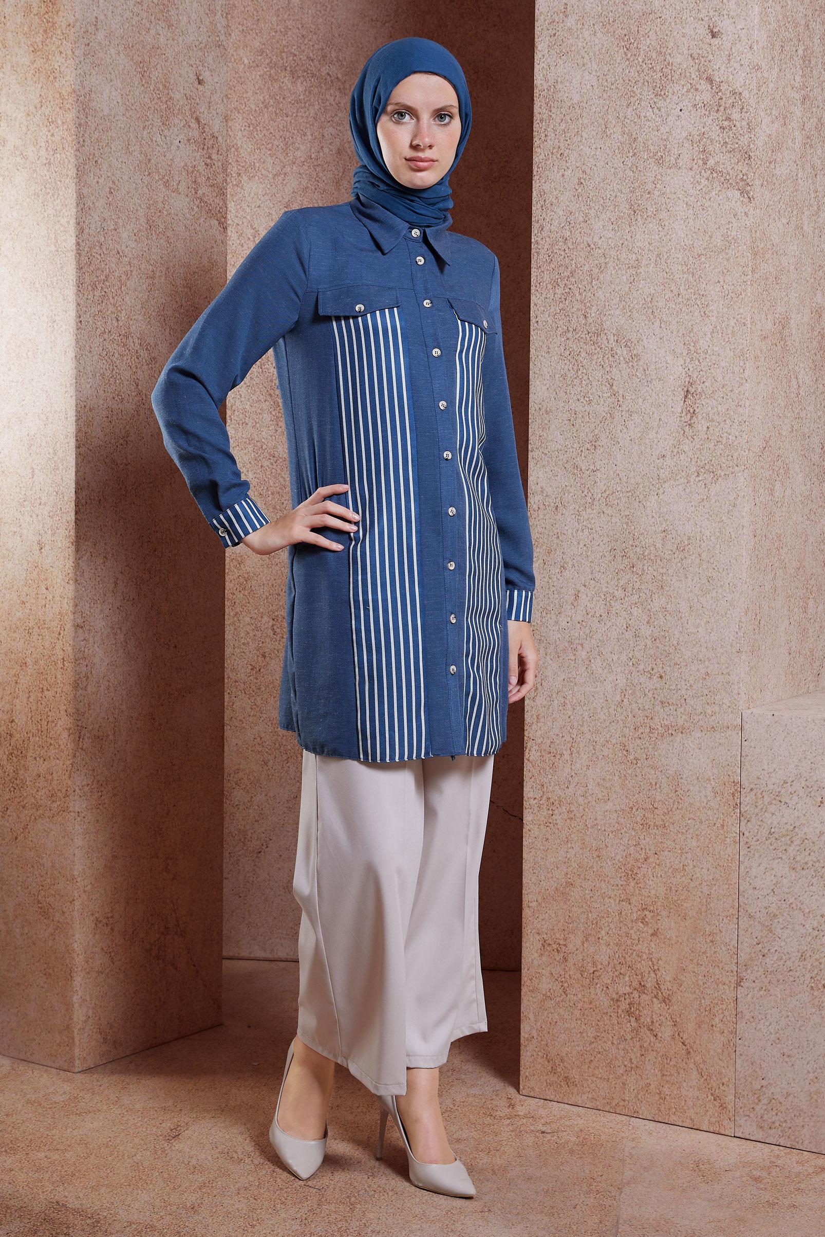 Vêtements hijab BLEU MARINE TUNIQUE TEXTURÉE EN LIN À RAYURES 44541