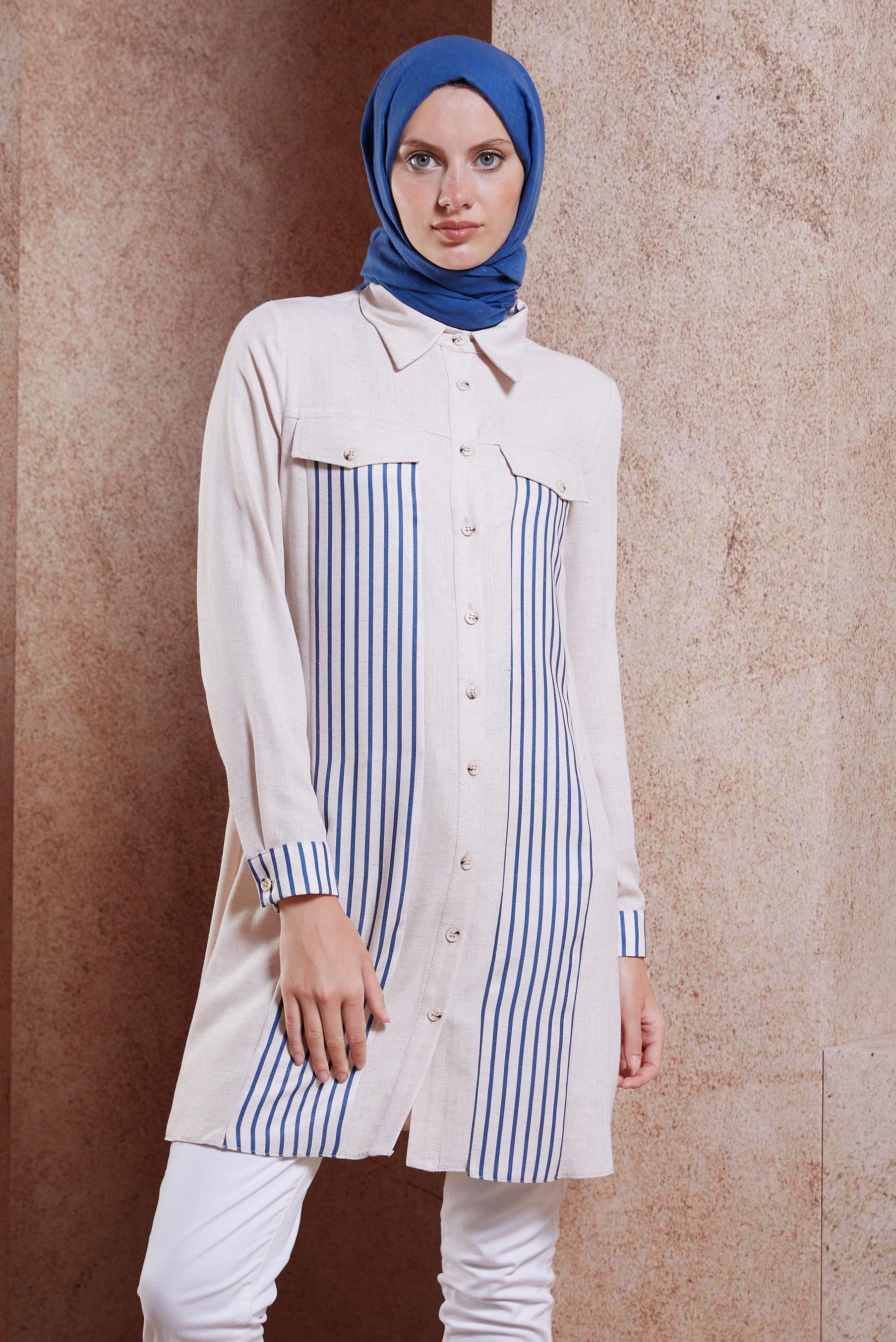 Vêtements hijab BEIGE TUNIQUE TEXTURÉE EN LIN À RAYURES 44541