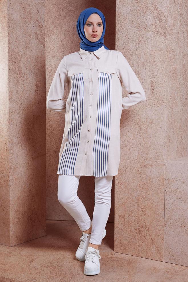 Tesettür giyim BEJ ÇİZGİLİ KETEN EFEKTLİ TUNİK 44541 - ALVİNA