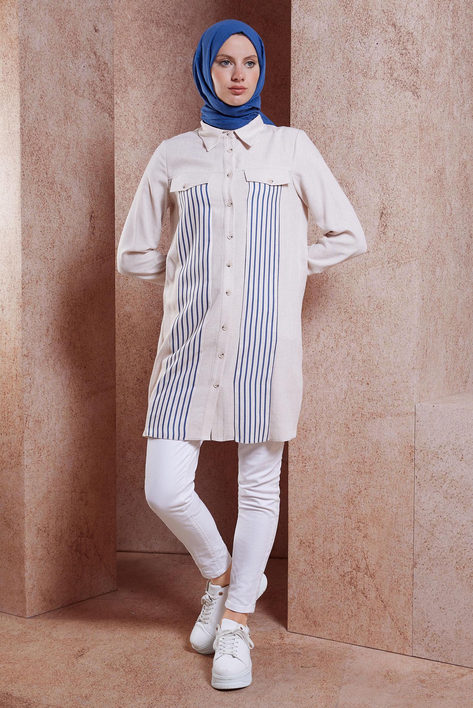 Vêtements hijab BEIGE TUNIQUE TEXTURÉE EN LIN À RAYURES 44541
