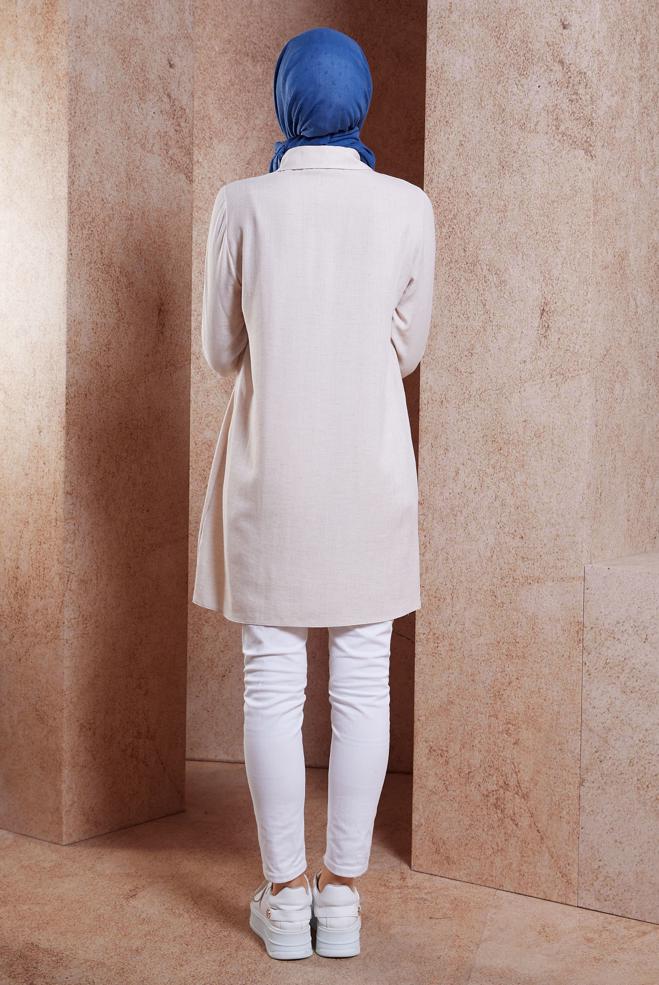 Tesettür giyim BEJ ÇİZGİLİ KETEN EFEKTLİ TUNİK 44541 - ALVİNA