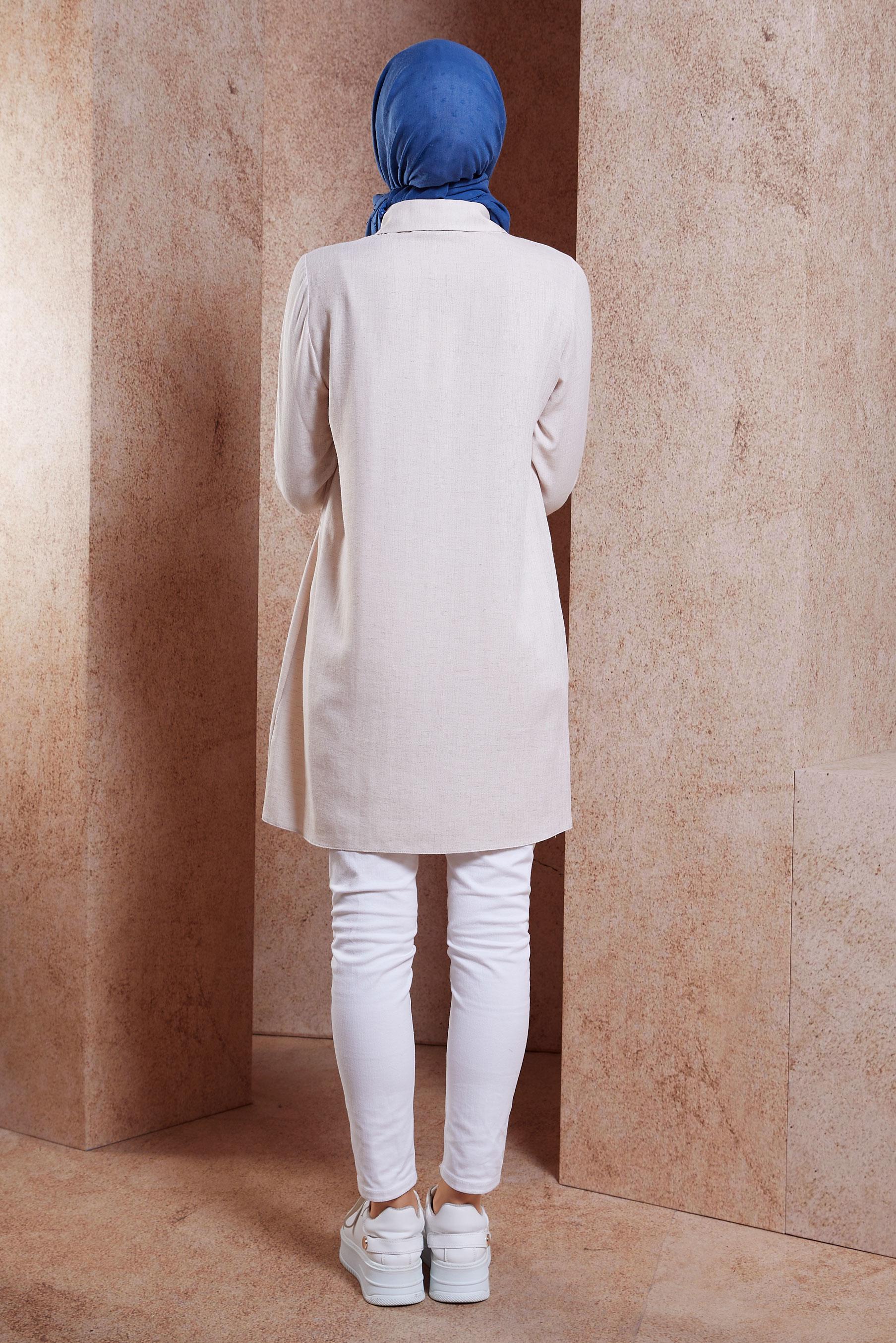 Vêtements hijab BEIGE TUNIQUE TEXTURÉE EN LIN À RAYURES 44541