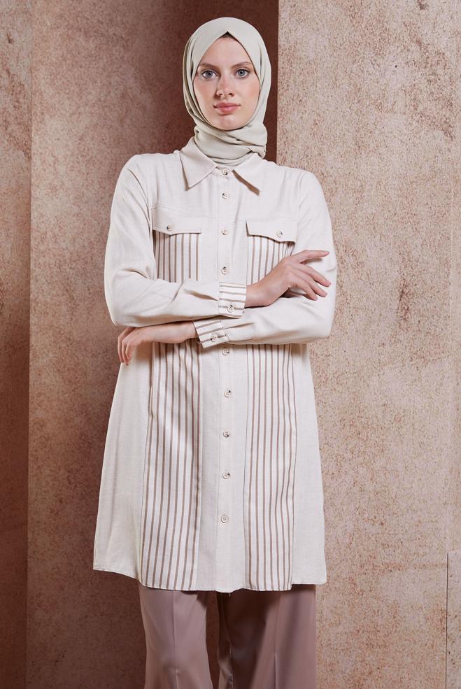 Tesettür giyim BEJ ÇİZGİLİ KETEN EFEKTLİ TUNİK 44541 - ALVİNA