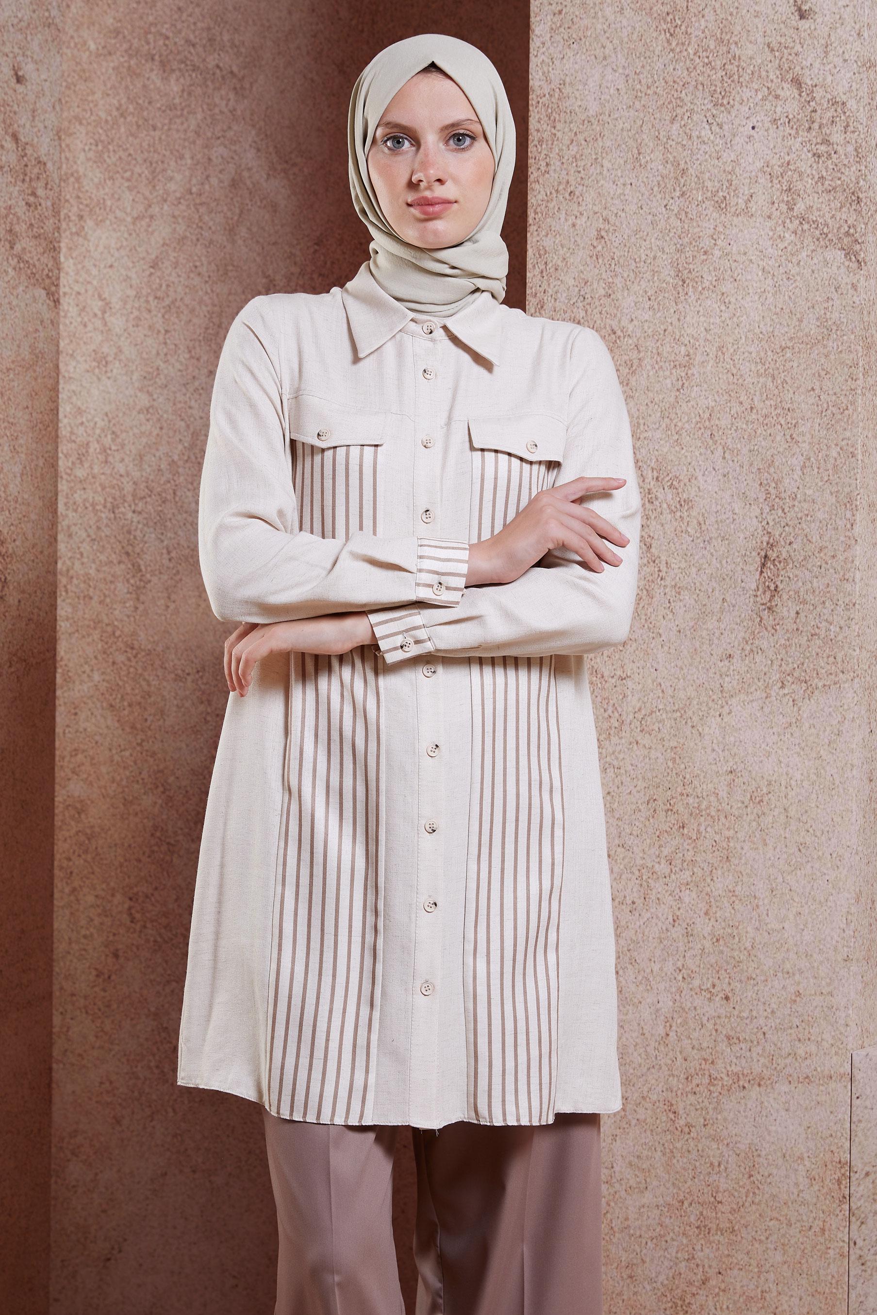 Vêtements hijab BEIGE TUNIQUE TEXTURÉE EN LIN À RAYURES 44541