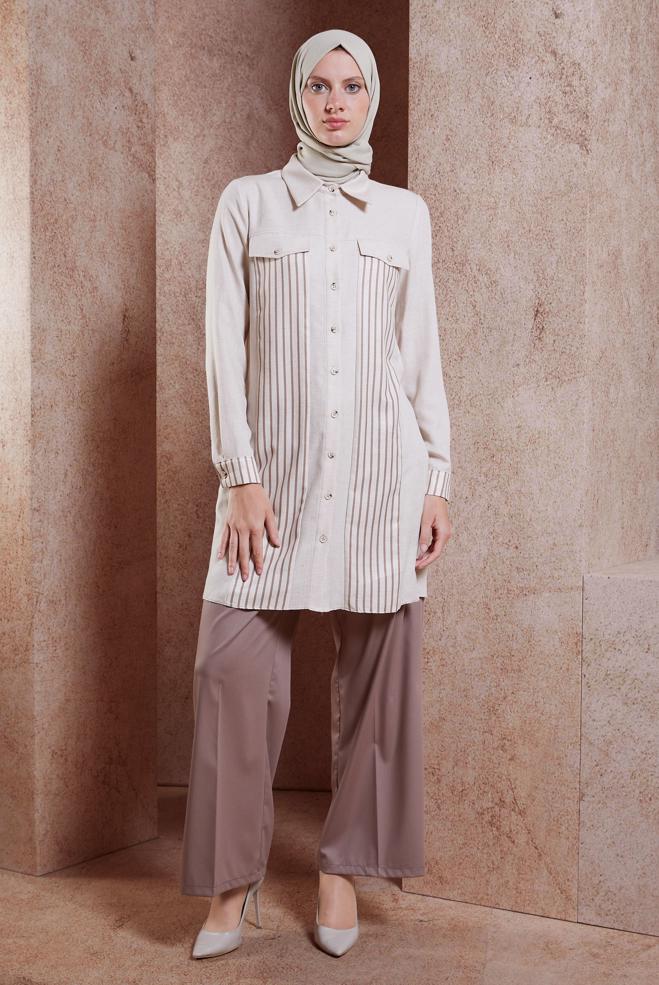 Tesettür giyim BEJ ÇİZGİLİ KETEN EFEKTLİ TUNİK 44541 - ALVİNA