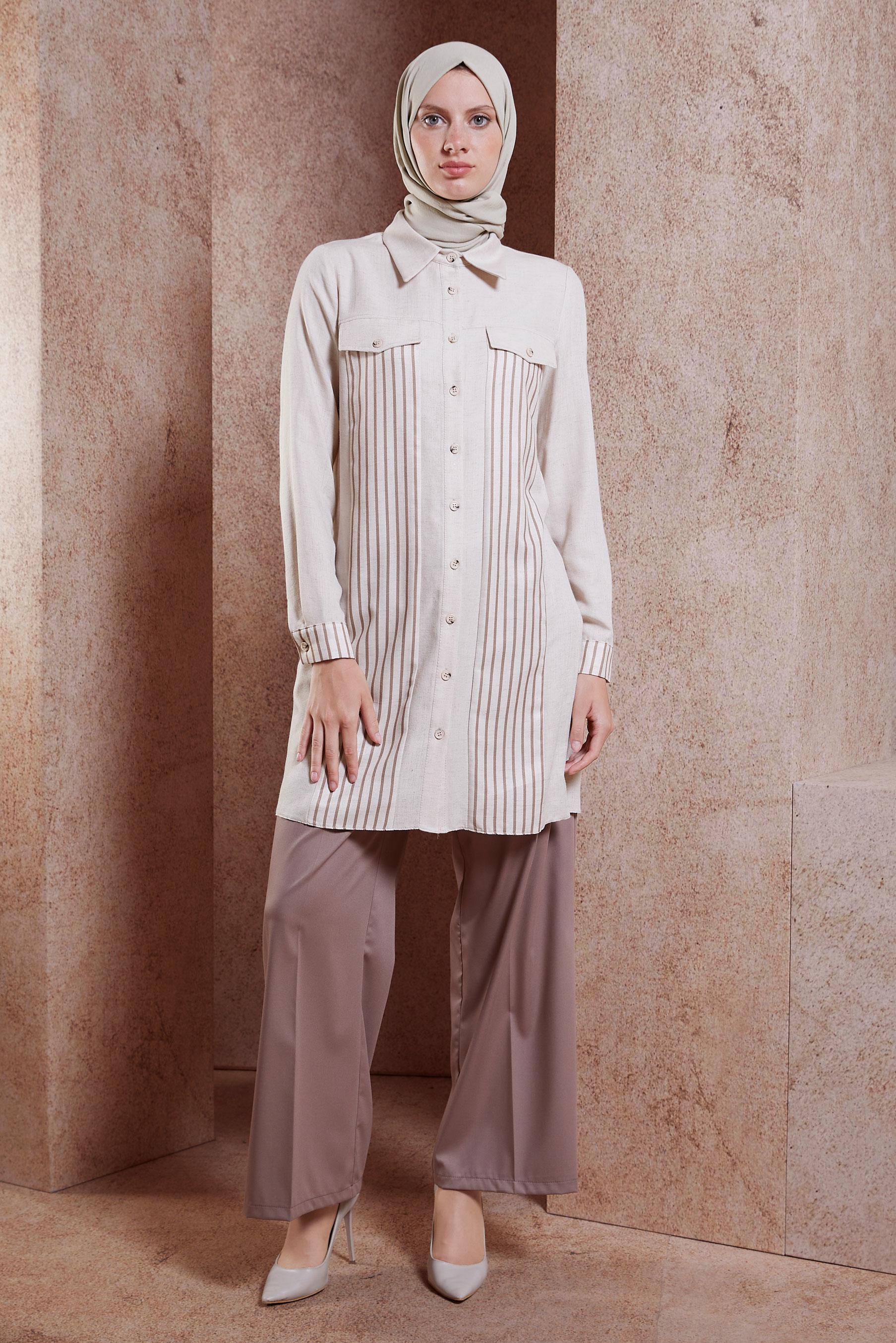 Vêtements hijab BEIGE TUNIQUE TEXTURÉE EN LIN À RAYURES 44541