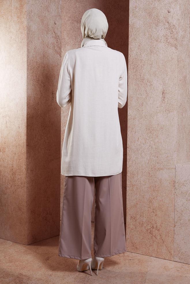 Tesettür giyim BEJ ÇİZGİLİ KETEN EFEKTLİ TUNİK 44541 - ALVİNA