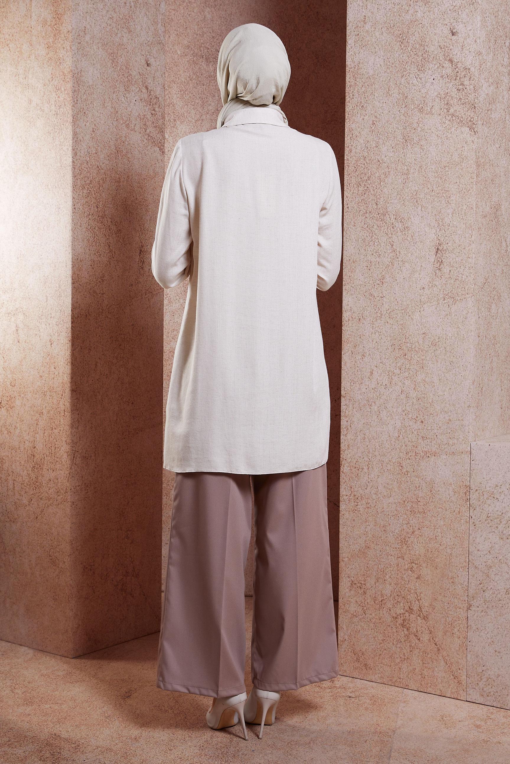 Vêtements hijab BEIGE TUNIQUE TEXTURÉE EN LIN À RAYURES 44541