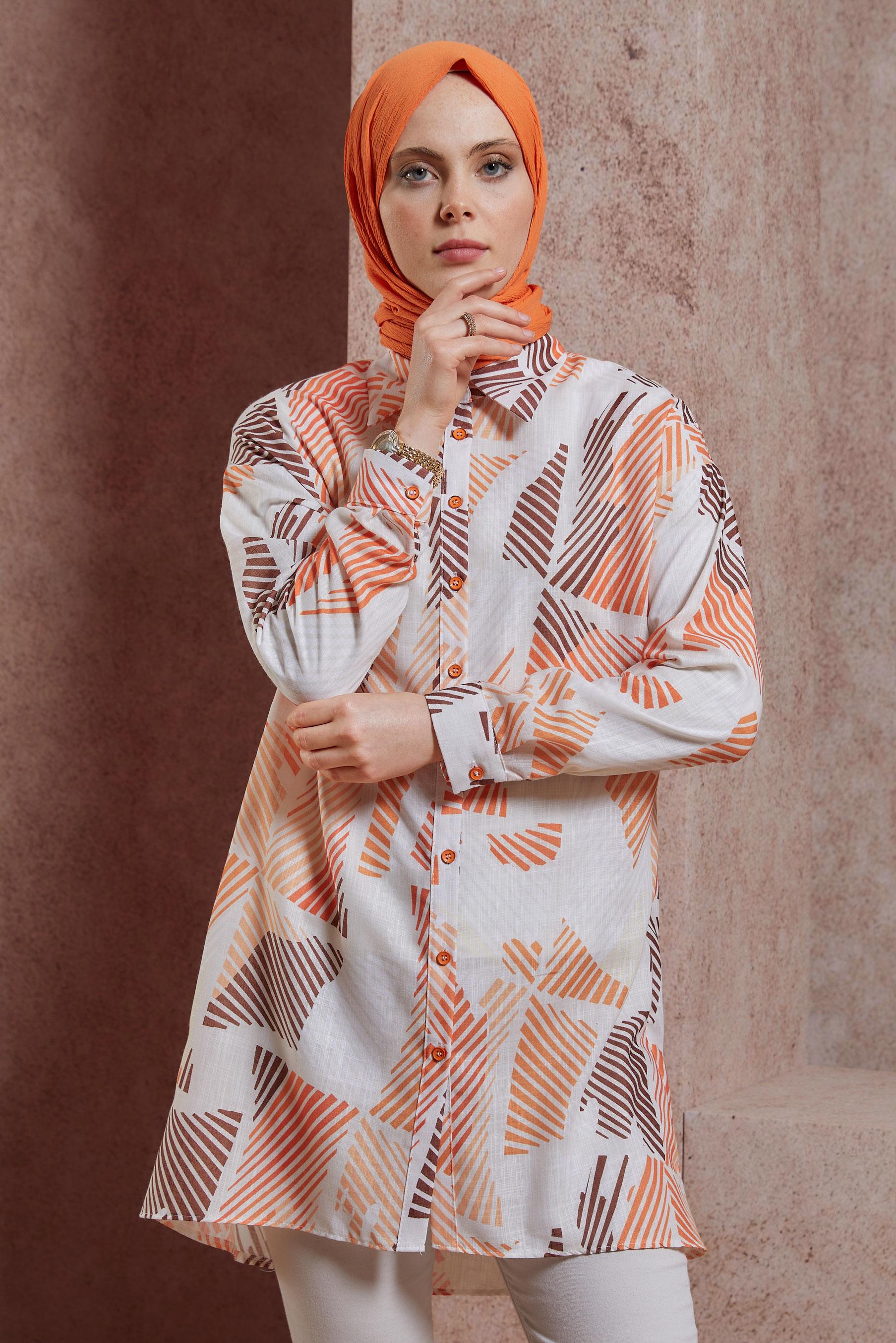 Tesettür giyim TURUNCU DESENLİ GÖMLEK TUNİK 44543