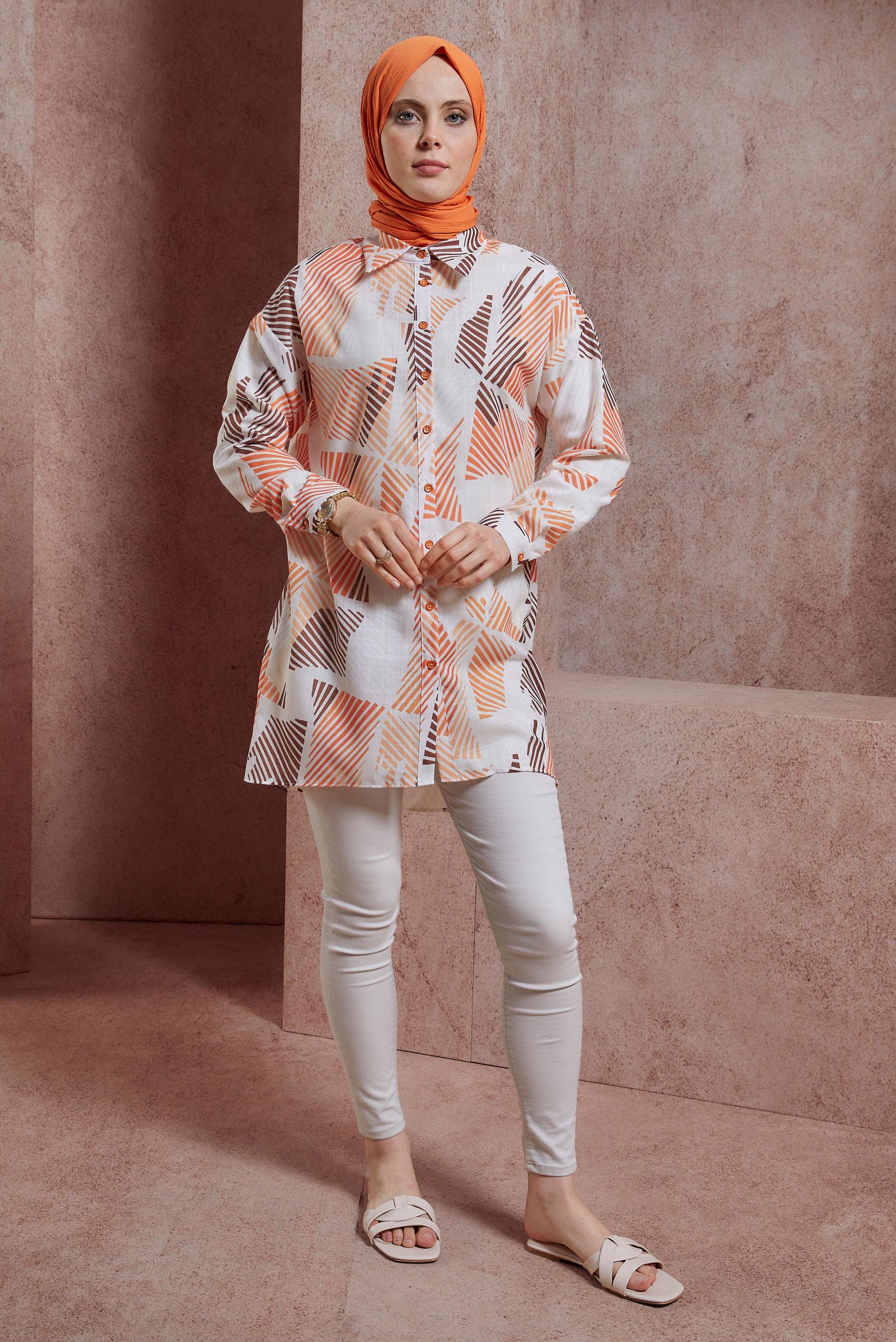 Tesettür giyim TURUNCU DESENLİ GÖMLEK TUNİK 44543