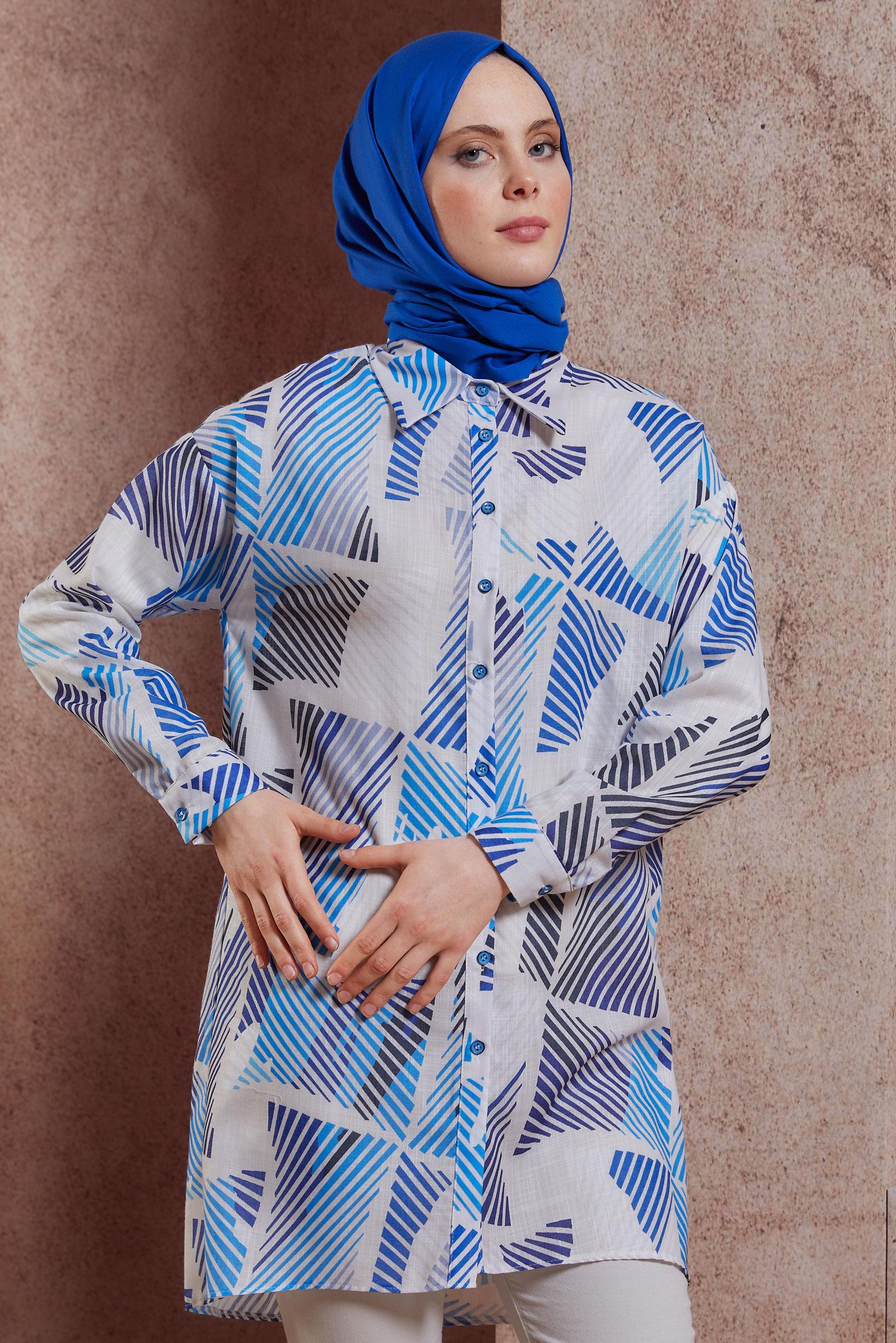 Tesettür giyim LACİVERT DESENLİ GÖMLEK TUNİK 44543