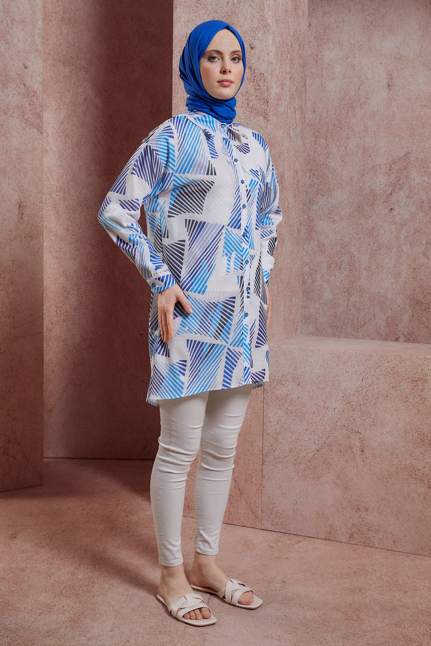 Tesettür giyim LACİVERT DESENLİ GÖMLEK TUNİK 44543