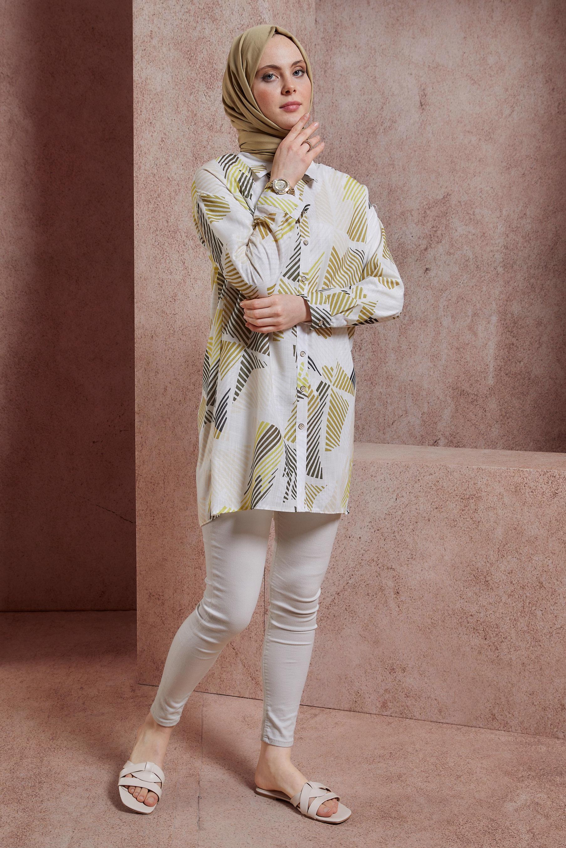 Tesettür giyim YEŞİL DESENLİ GÖMLEK TUNİK 44543