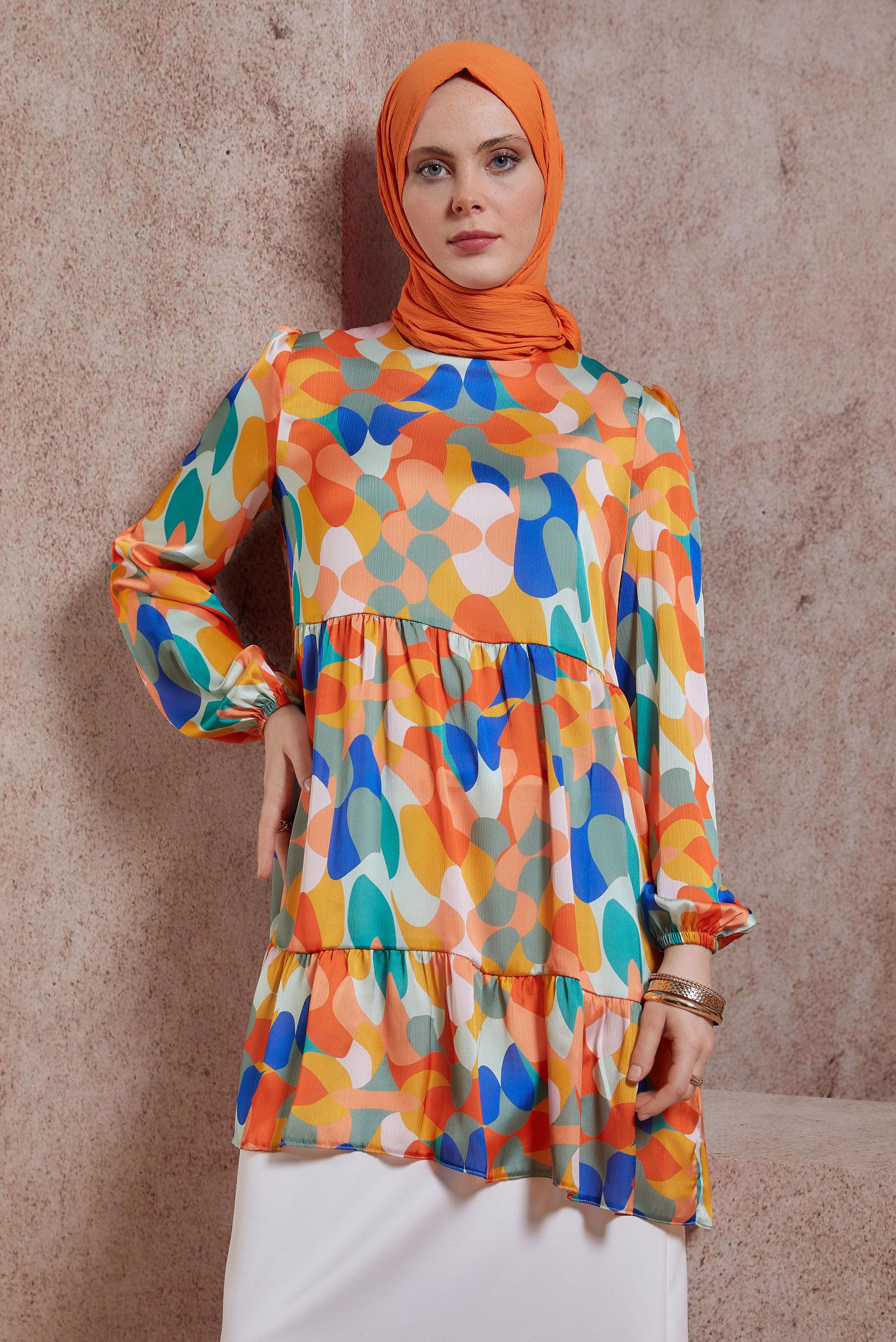 Tesettür giyim TURUNCU DESENLİ TUNİK 44544