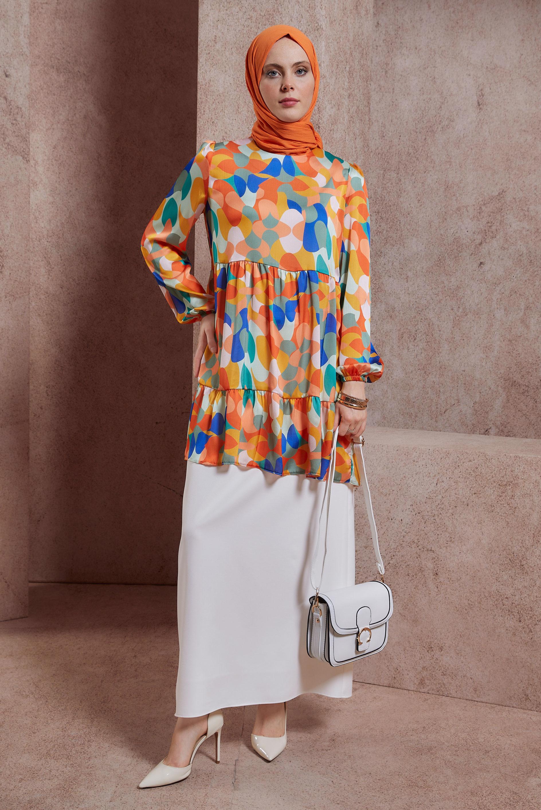 Tesettür giyim TURUNCU DESENLİ TUNİK 44544