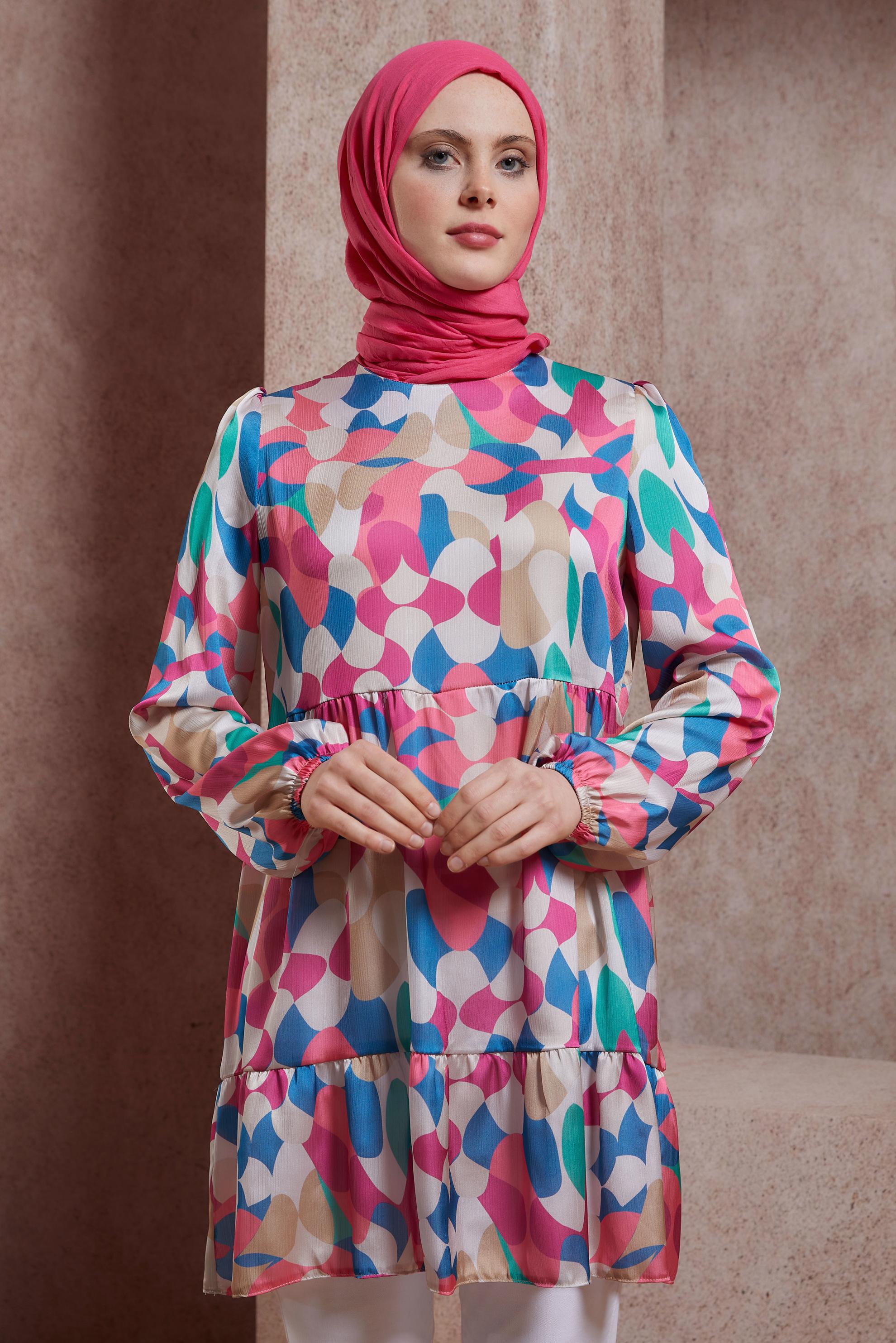 Tesettür giyim FUŞYA DESENLİ TUNİK 44544