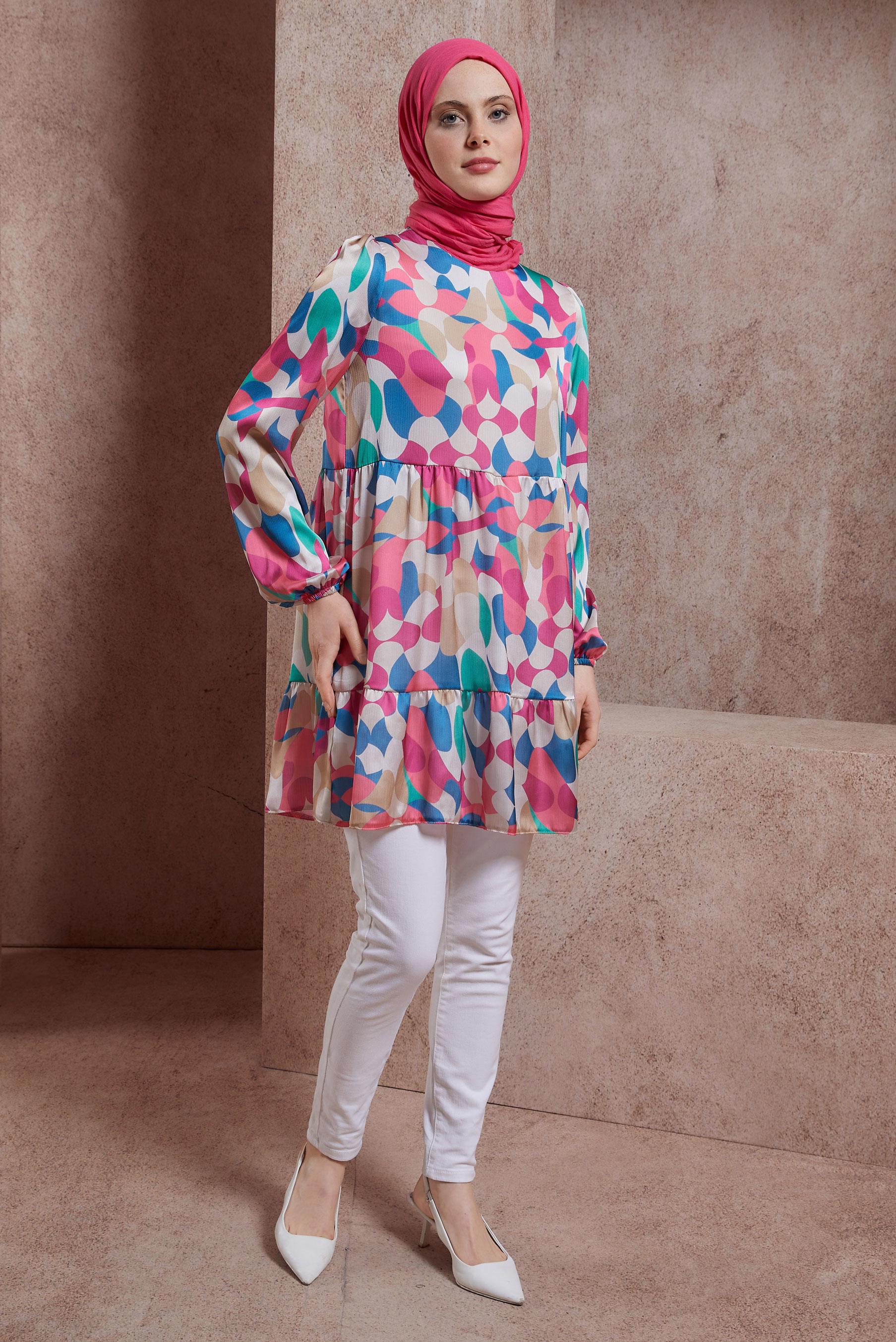 Tesettür giyim FUŞYA DESENLİ TUNİK 44544