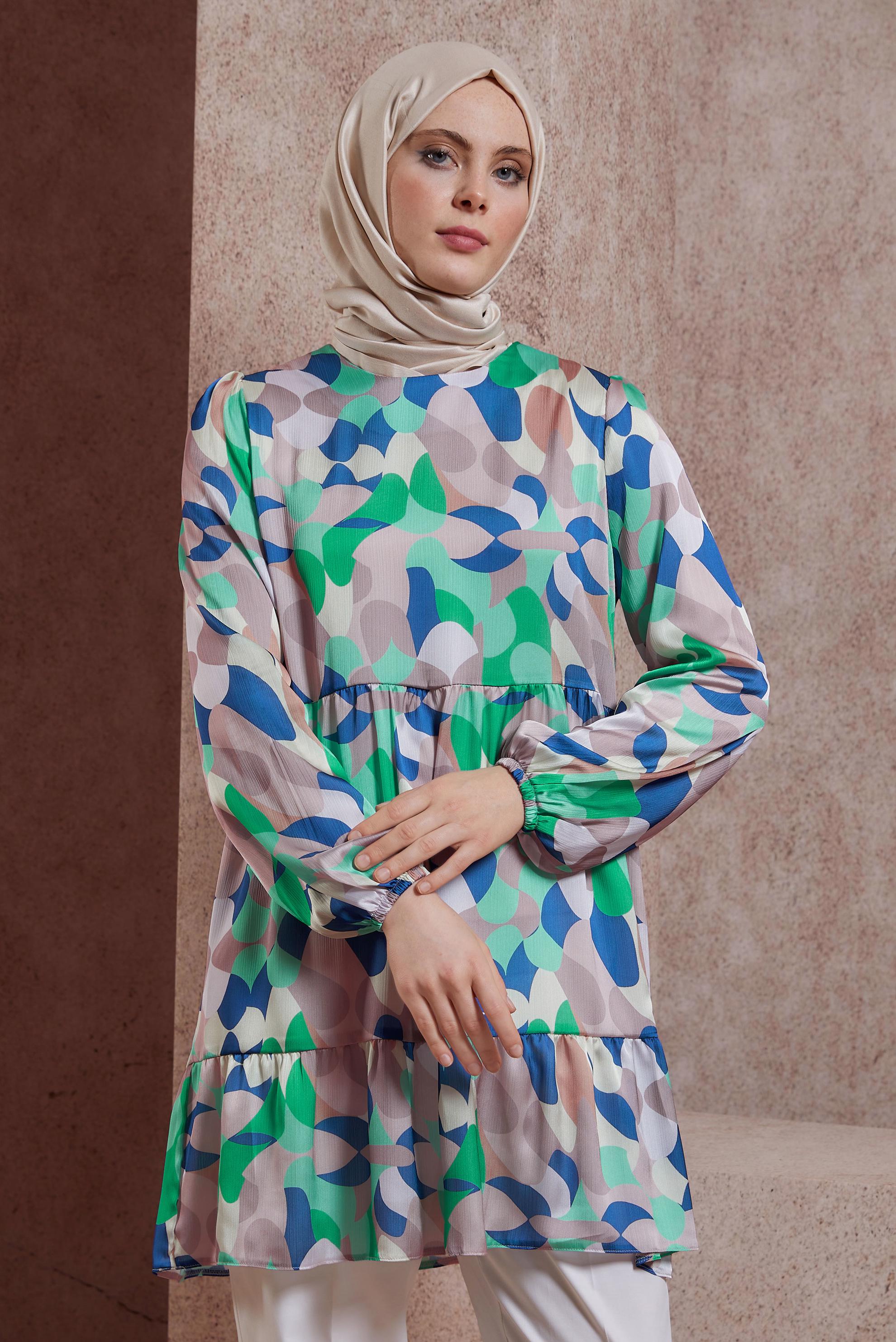 Tesettür giyim YEŞİL DESENLİ TUNİK 44544