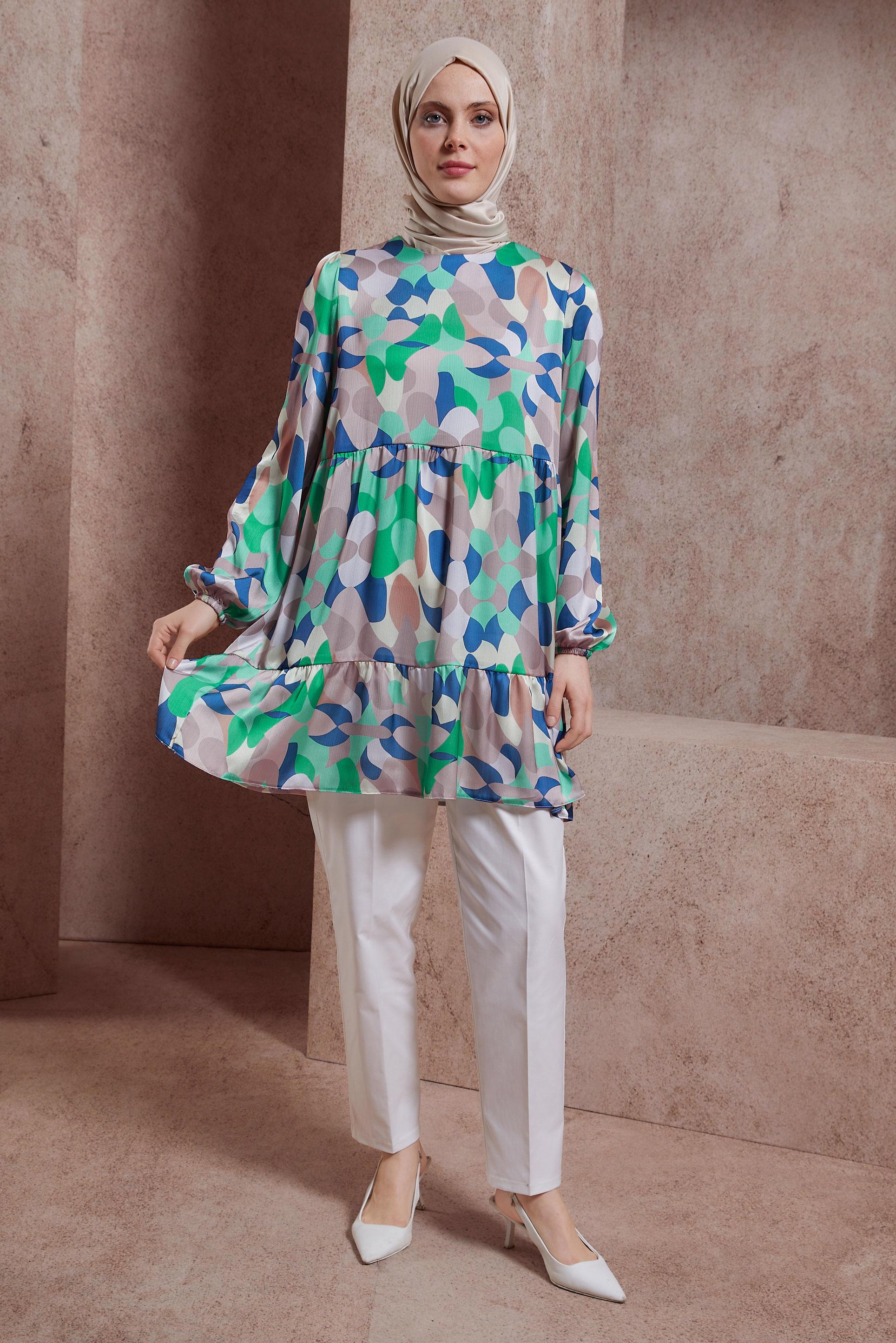 Tesettür giyim YEŞİL DESENLİ TUNİK 44544