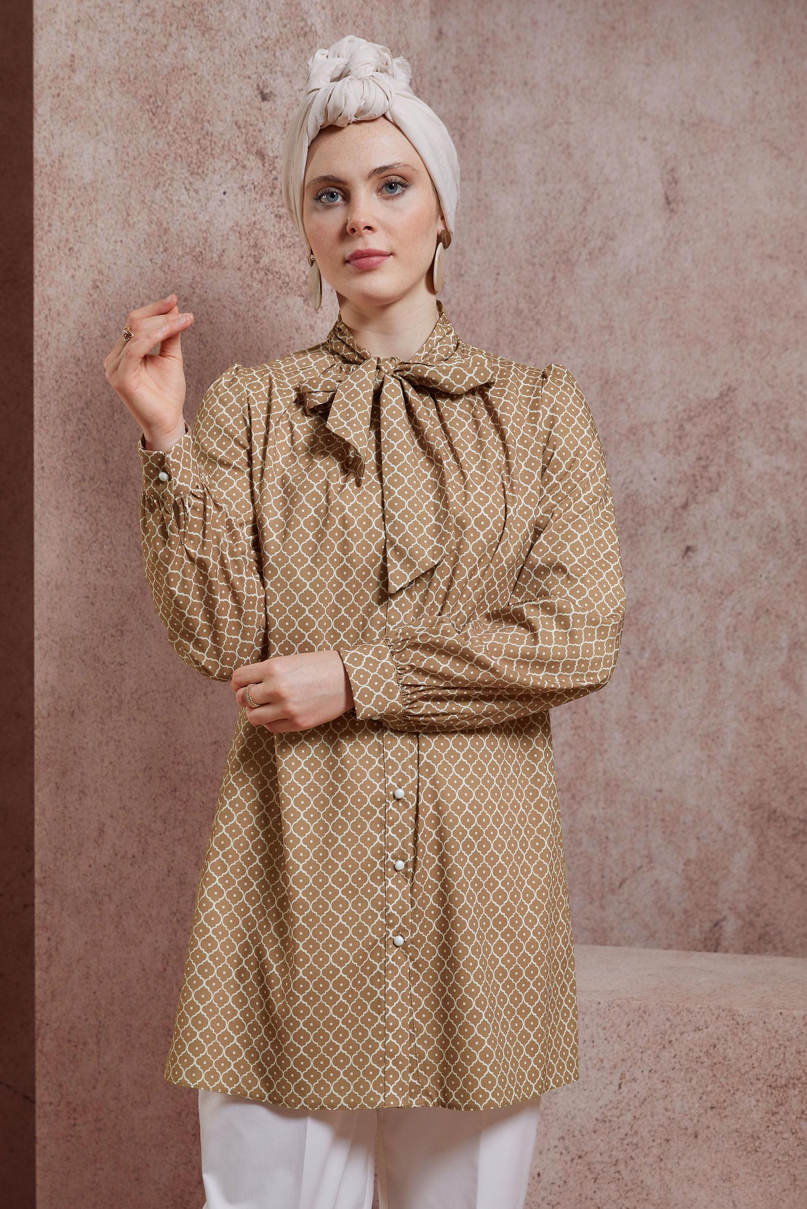 Tesettür giyim KAHVE DESENLİ TUNİK 44547