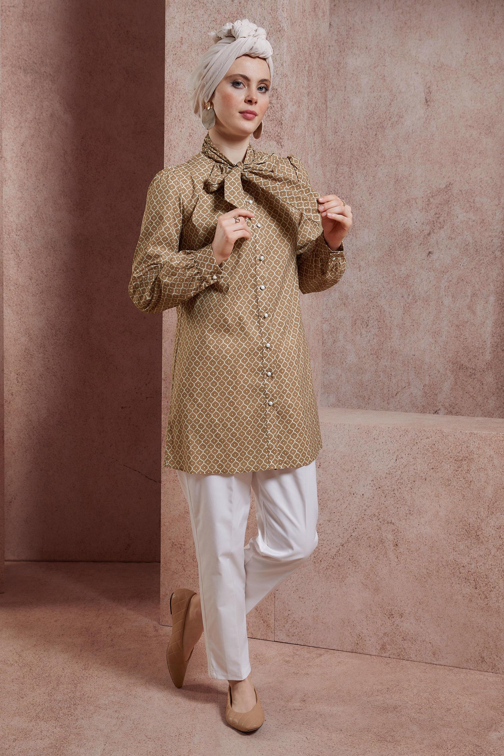 Tesettür giyim KAHVE DESENLİ TUNİK 44547