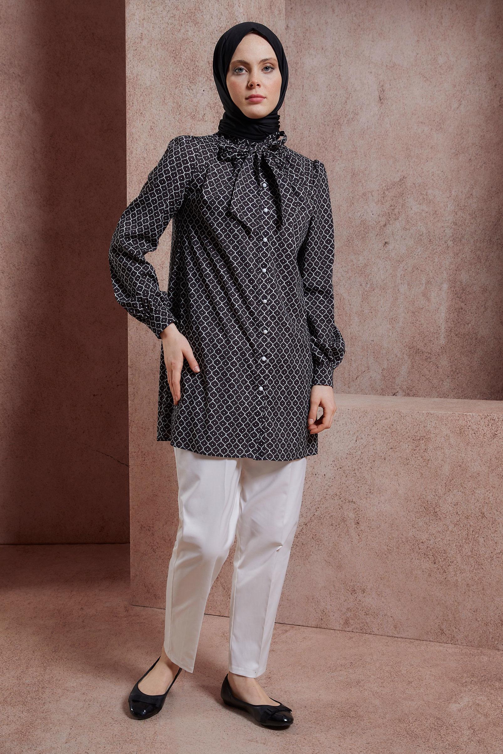 Tesettür giyim SİYAH DESENLİ TUNİK 44547