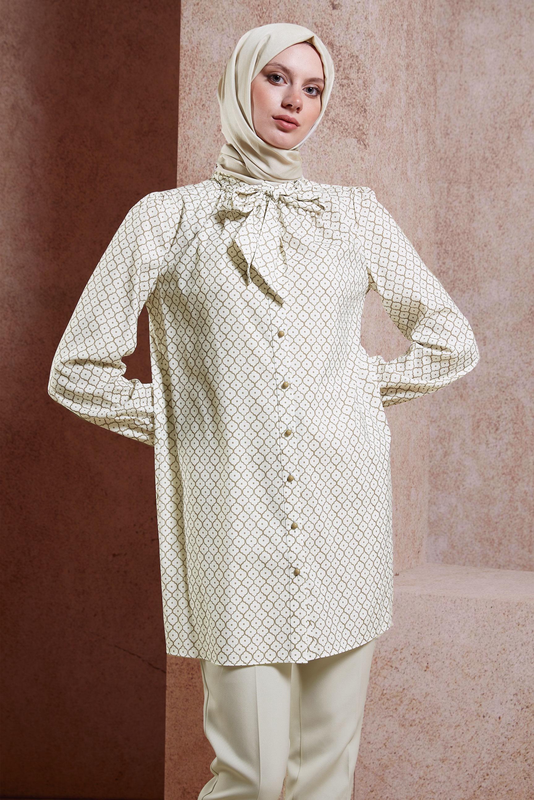 Tesettür giyim BEJ DESENLİ TUNİK 44547