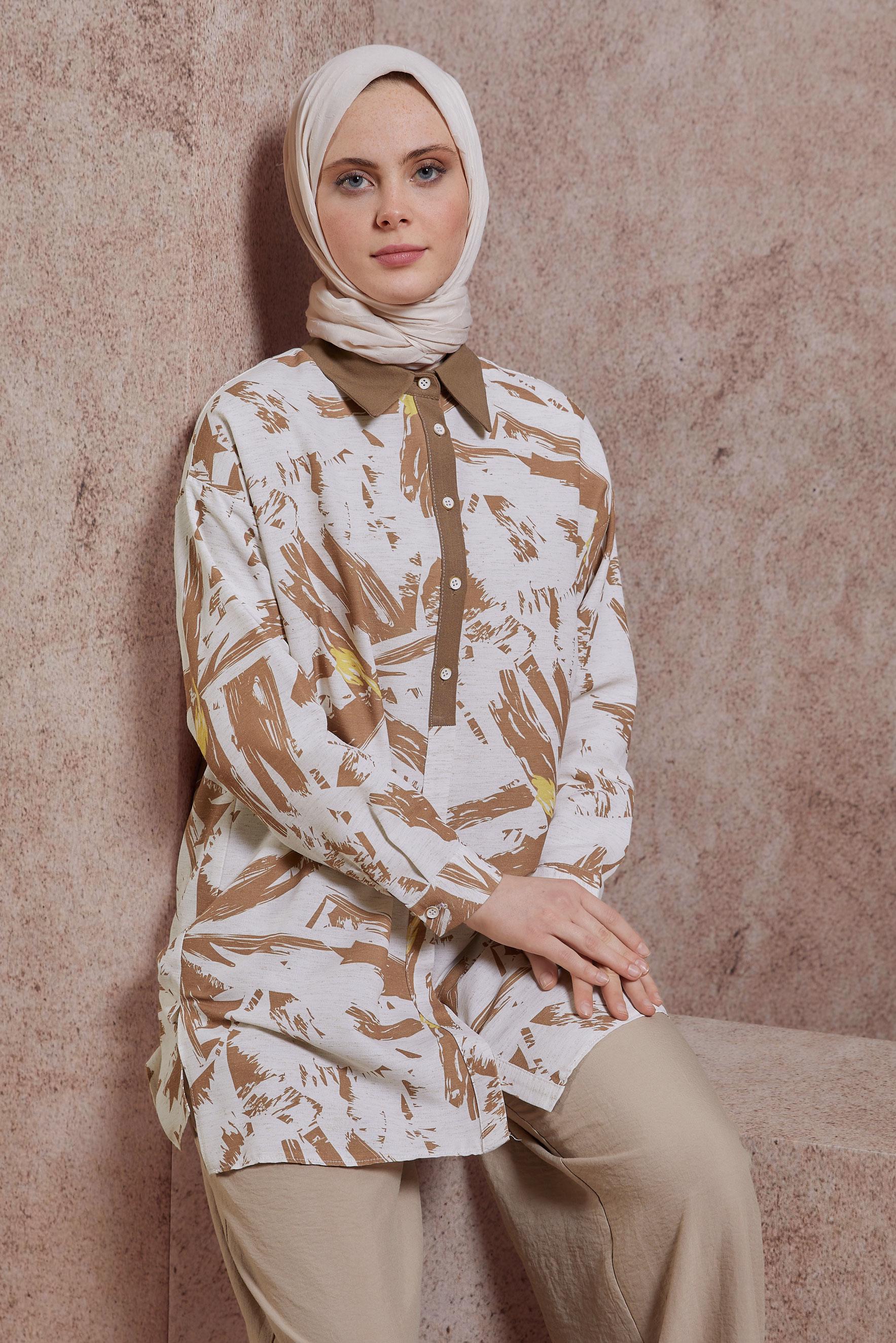 Tesettür giyim KAHVE DESENLİ TUNİK 44551