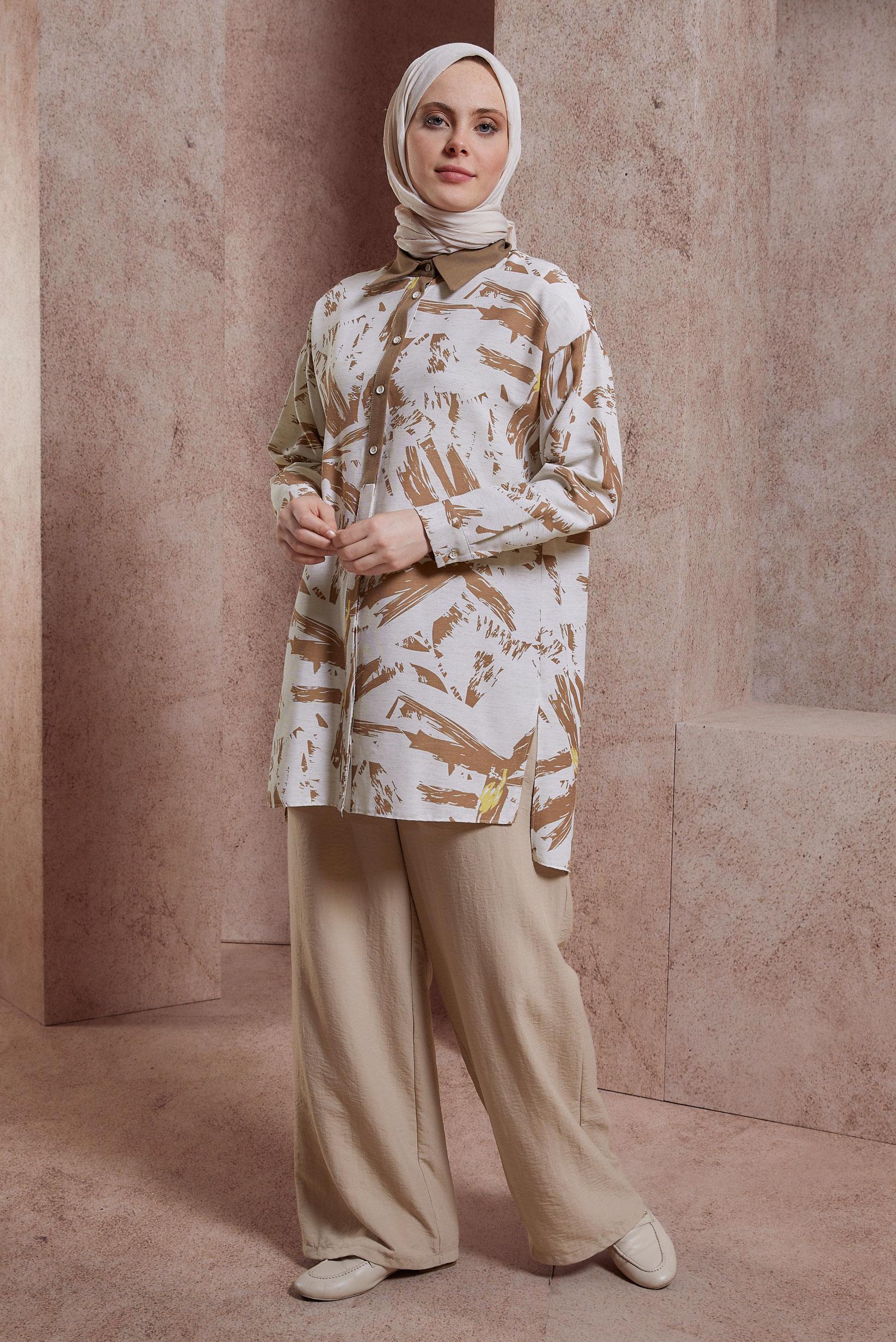 Tesettür giyim KAHVE DESENLİ TUNİK 44551