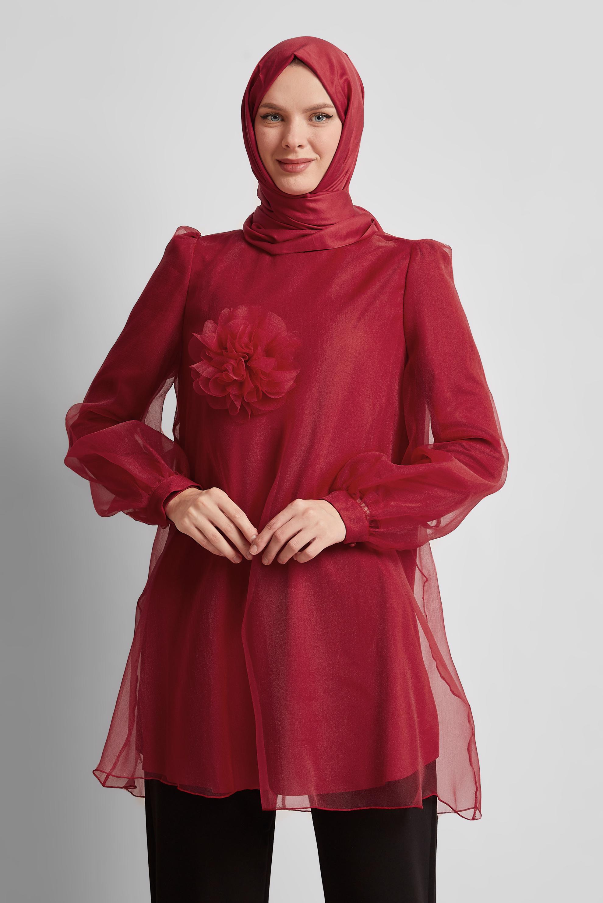 Tesettür giyim KIRMIZI AKSESUAR DETAYLI TUNİK 44552
