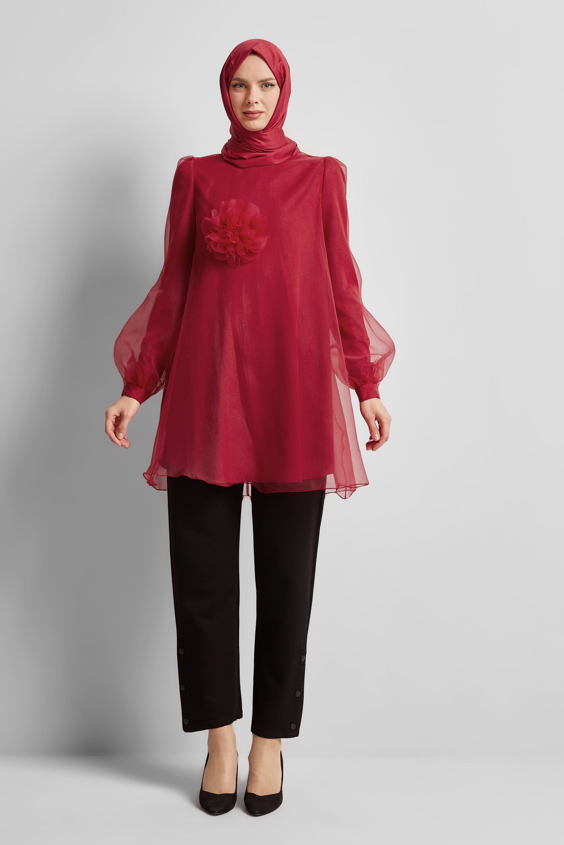 Tesettür giyim KIRMIZI AKSESUAR DETAYLI TUNİK 44552