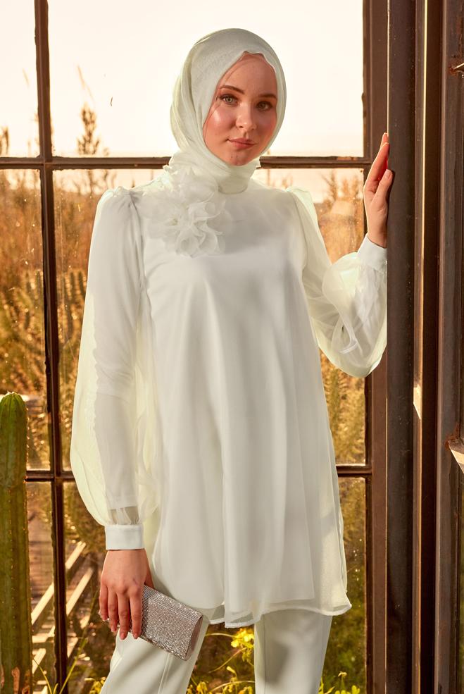 Tesettür giyim EKRU AKSESUAR DETAYLI TUNİK 44552 - ALVİNA