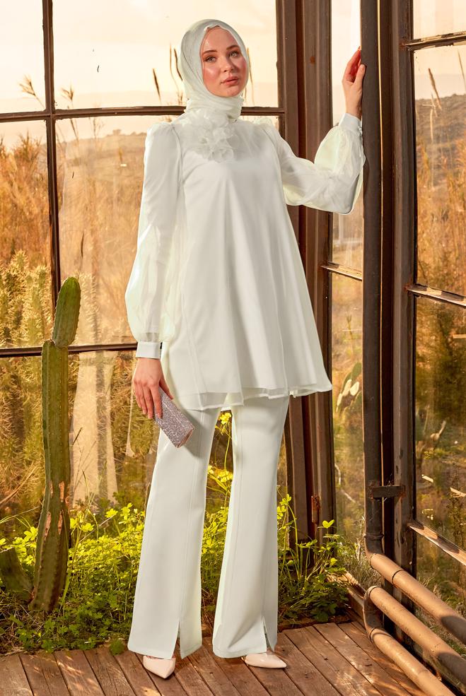 Tesettür giyim EKRU AKSESUAR DETAYLI TUNİK 44552 - ALVİNA