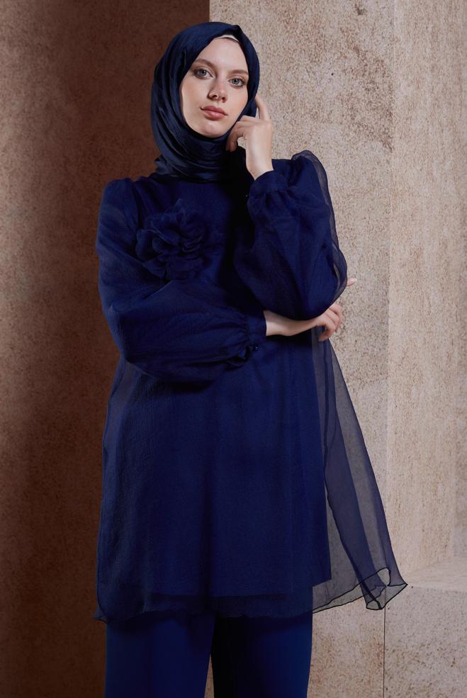 Tesettür giyim LACİVERT AKSESUAR DETAYLI TUNİK 44552 - ALVİNA