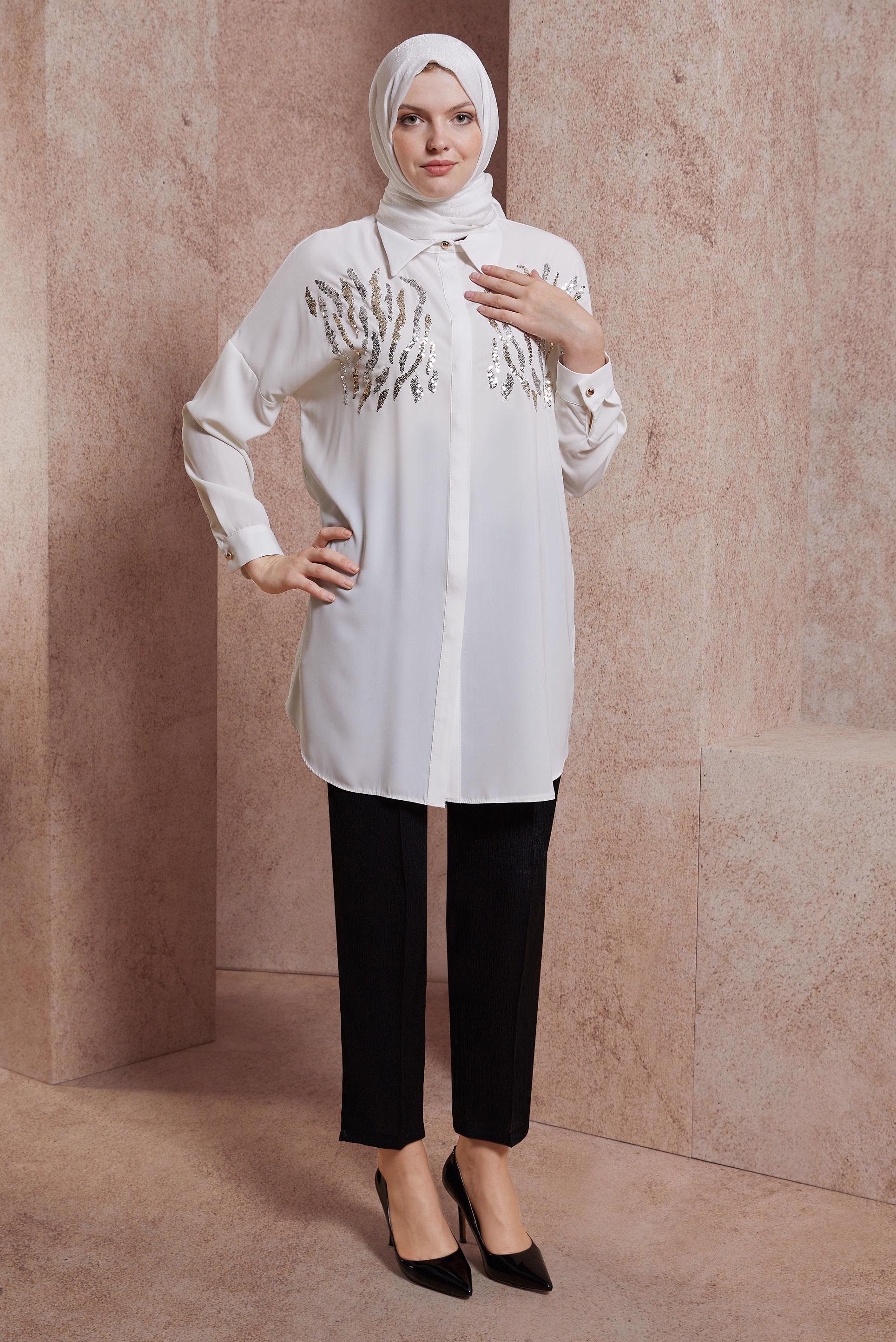 Tesettür giyim BEYAZ PUL DETAYLI GÖMLEK YAKA TUNİK 44569
